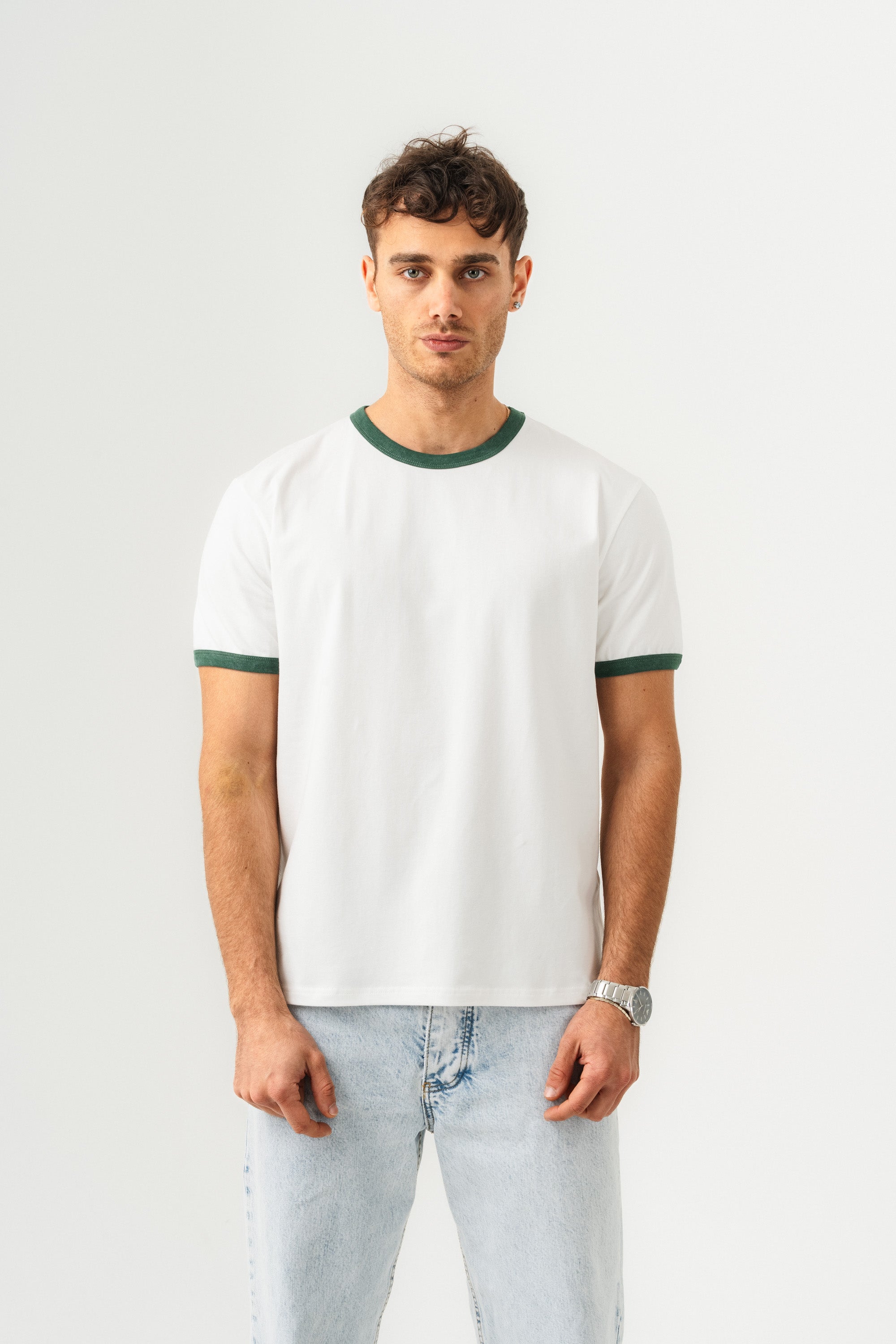 UNISEX YAKA KOL YIKAMA DETAYLI REGULAR FIT BASIC TİŞÖRT BEYAZ-NEFTİ-2