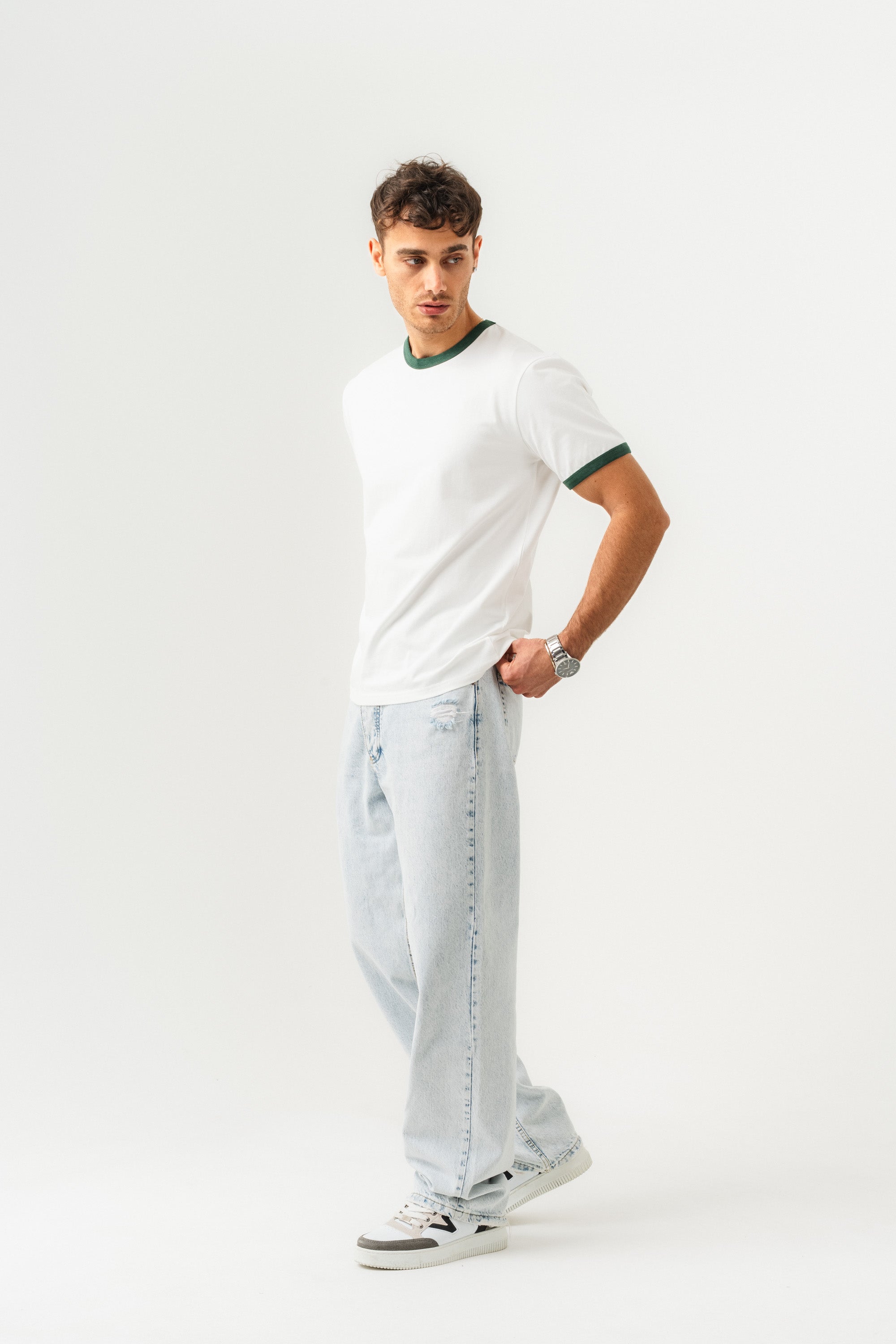 UNISEX YAKA KOL YIKAMA DETAYLI REGULAR FIT BASIC TİŞÖRT BEYAZ-NEFTİ-6