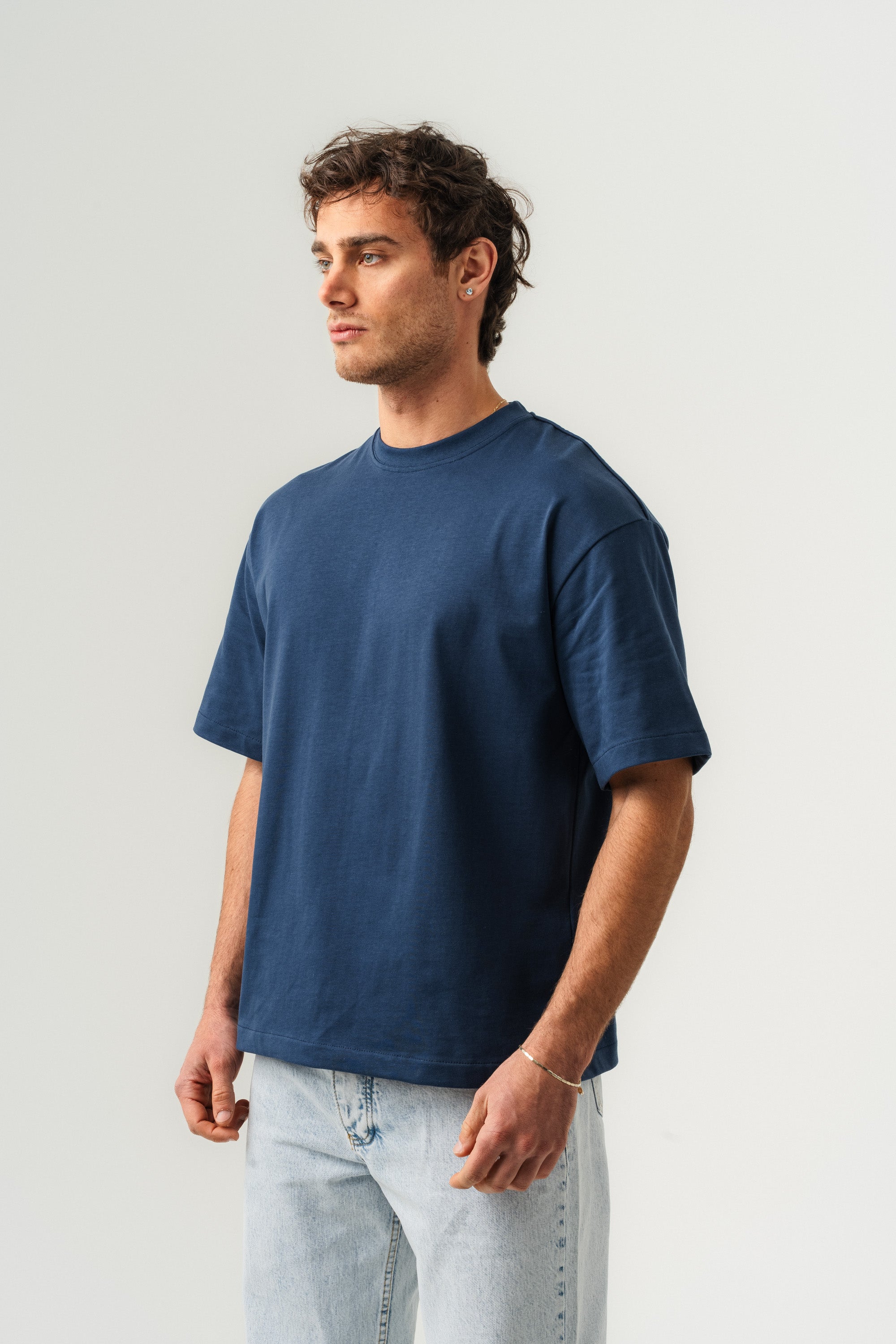 BORZ Oversize Kalıp Basic T-shirt - İndigo-2