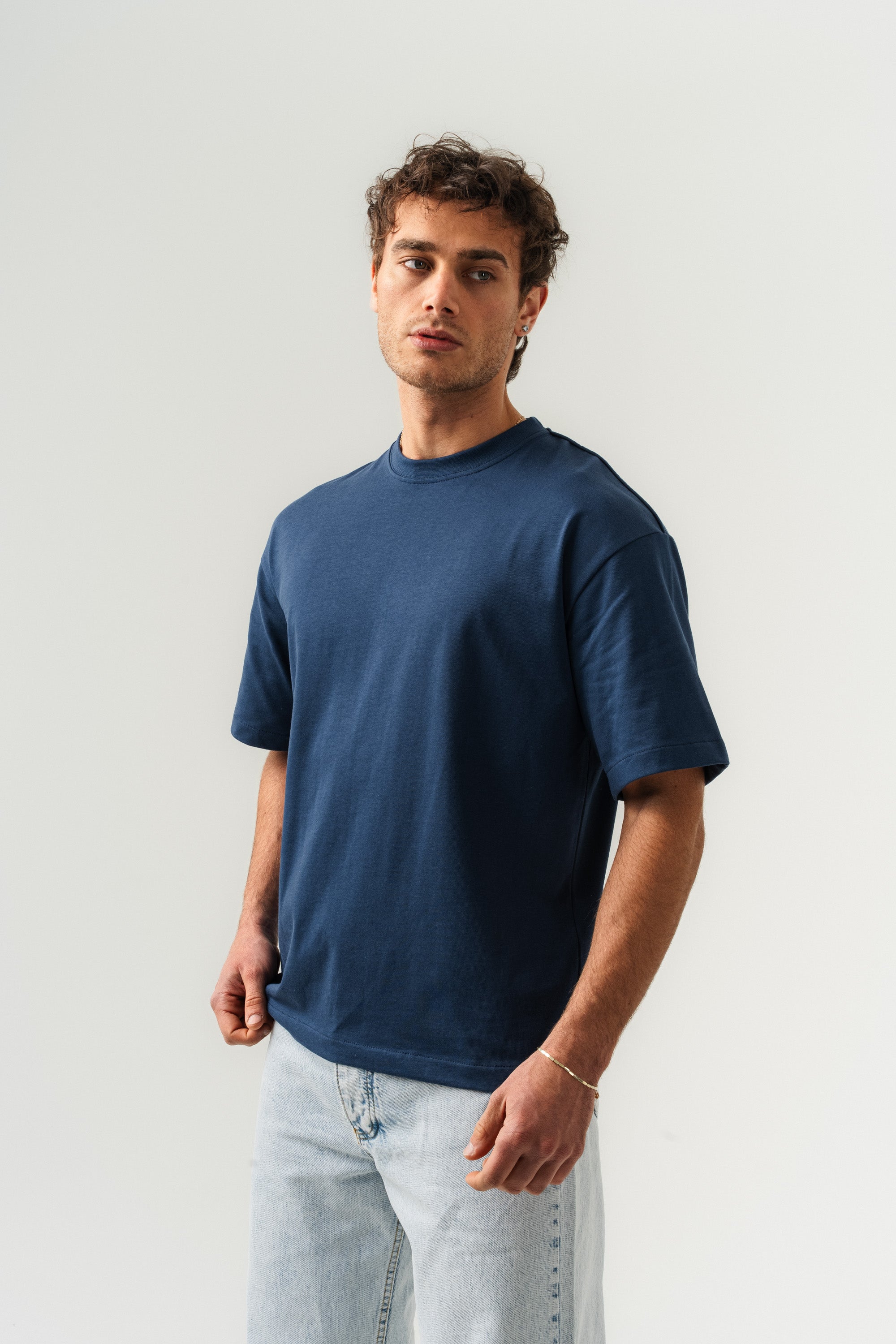 BORZ Oversize Kalıp Basic T-shirt - İndigo-4