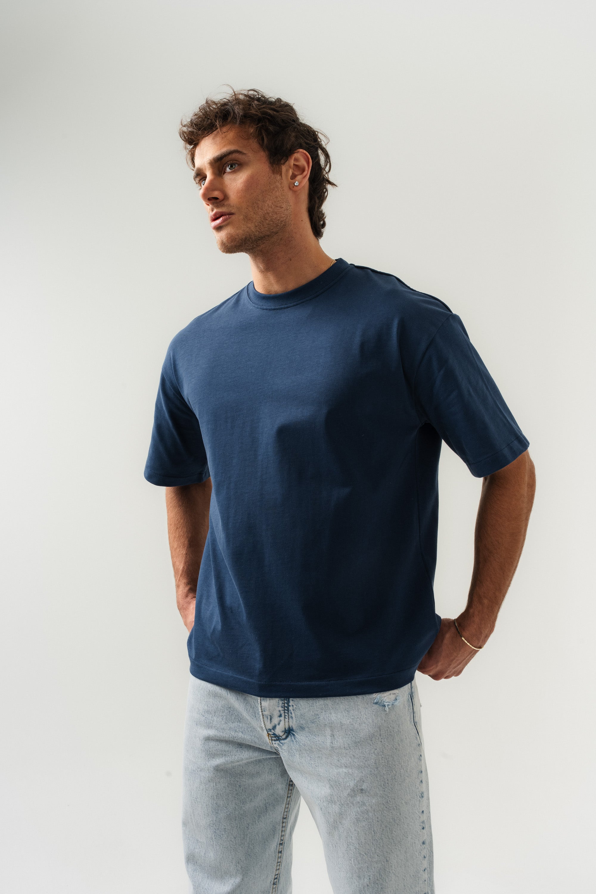 BORZ Oversize Kalıp Basic T-shirt - İndigo-5