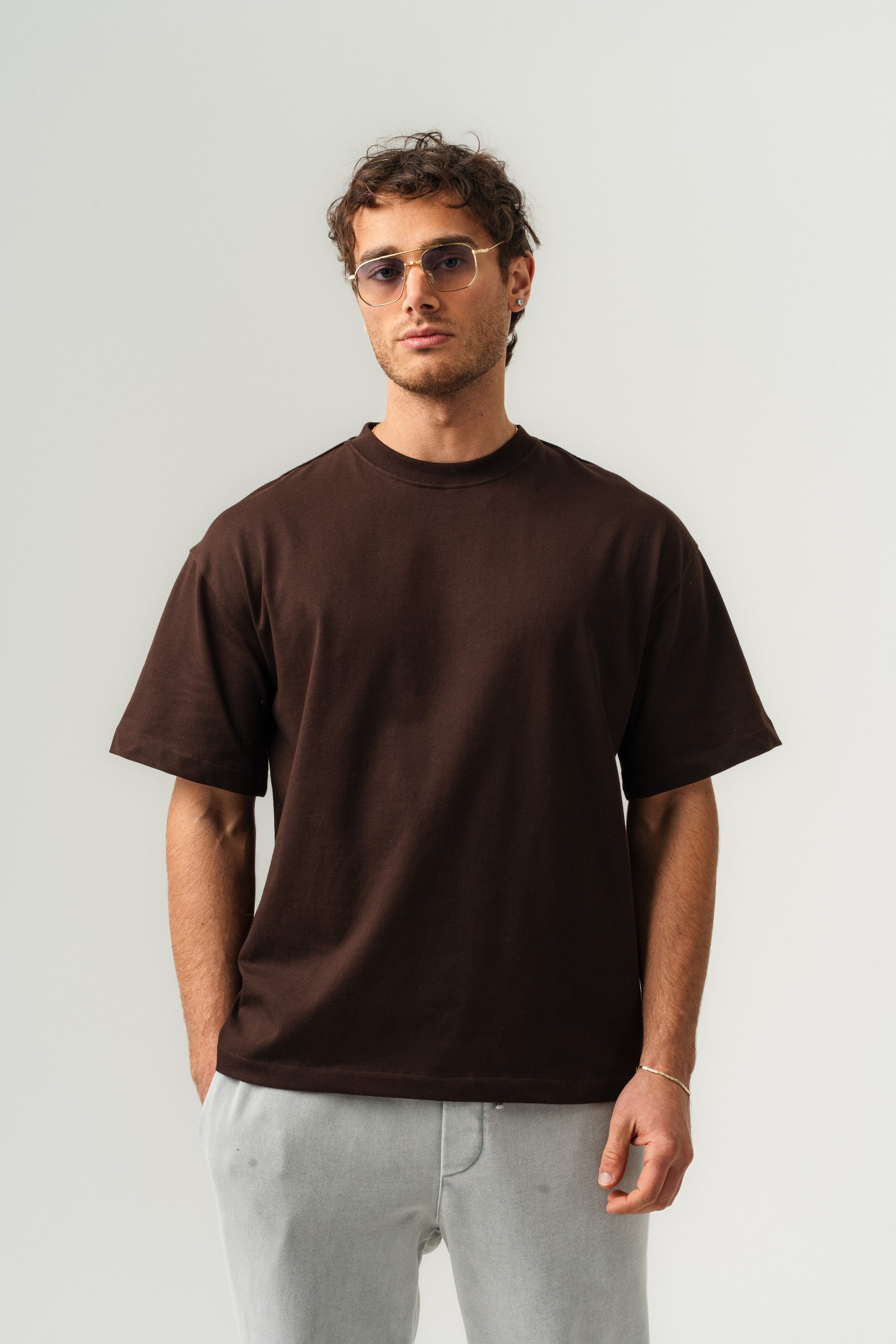 BORZ Oversize Kalıp Basic T-shirt - Kahverengi-4