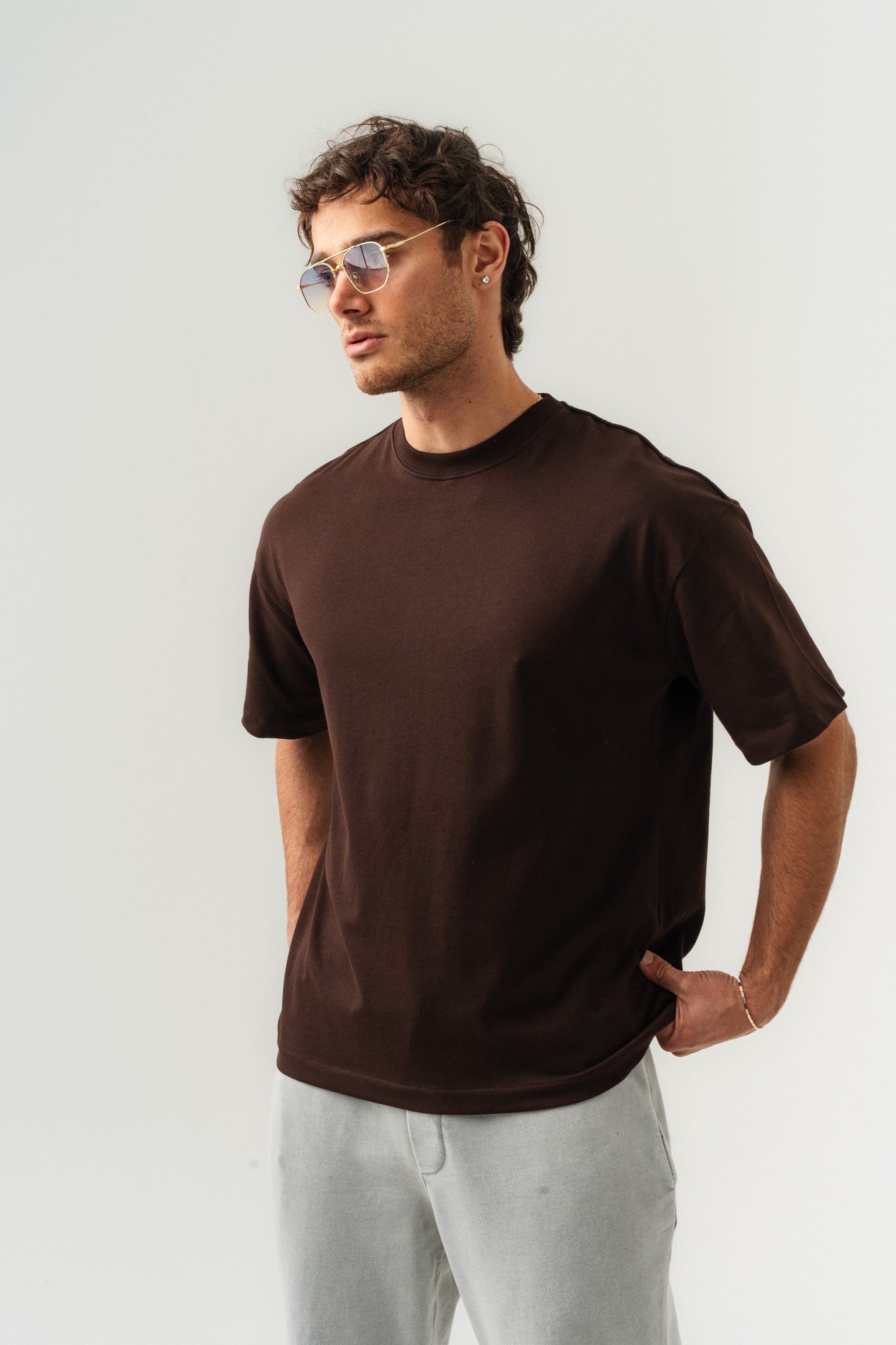 BORZ Oversize Kalıp Basic T-shirt - Kahverengi-5