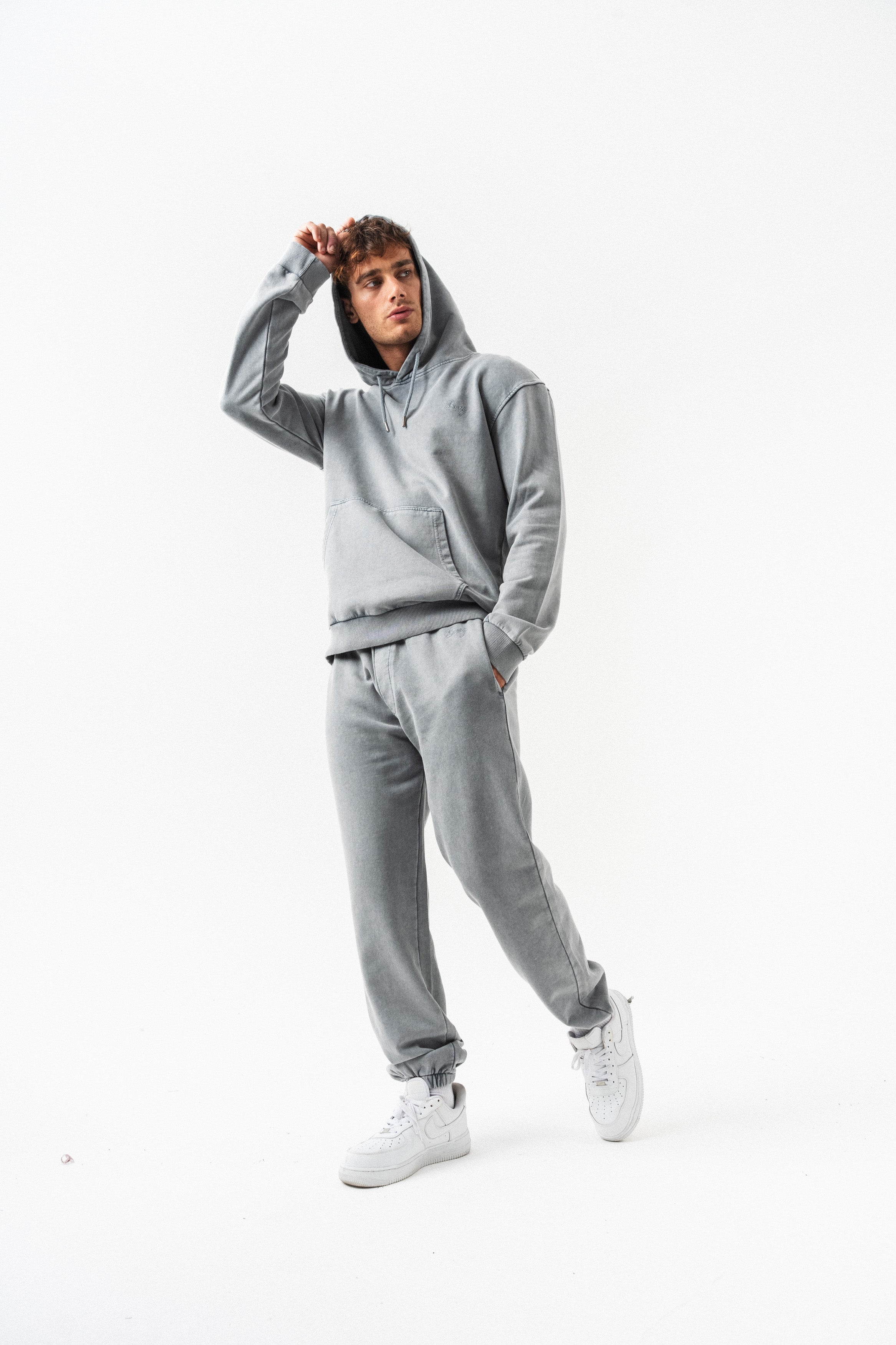 BORZ Yıkamalı Kanguru Cepli Oversize Kalıp Eşofman Takımı - Gri