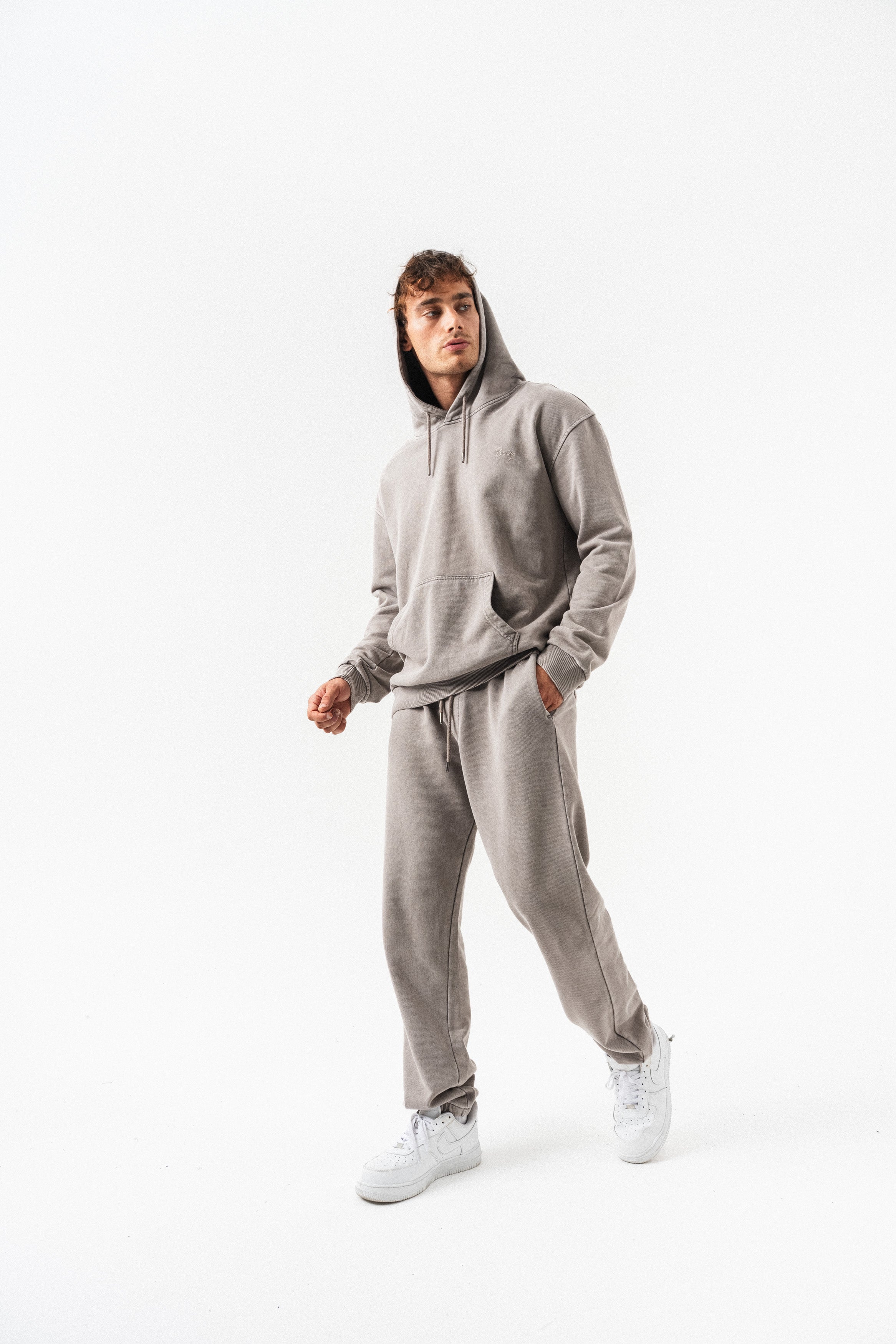 BORZ Yıkamalı Kanguru Cepli Oversize Kalıp Eşofman Takımı - Kahverengi