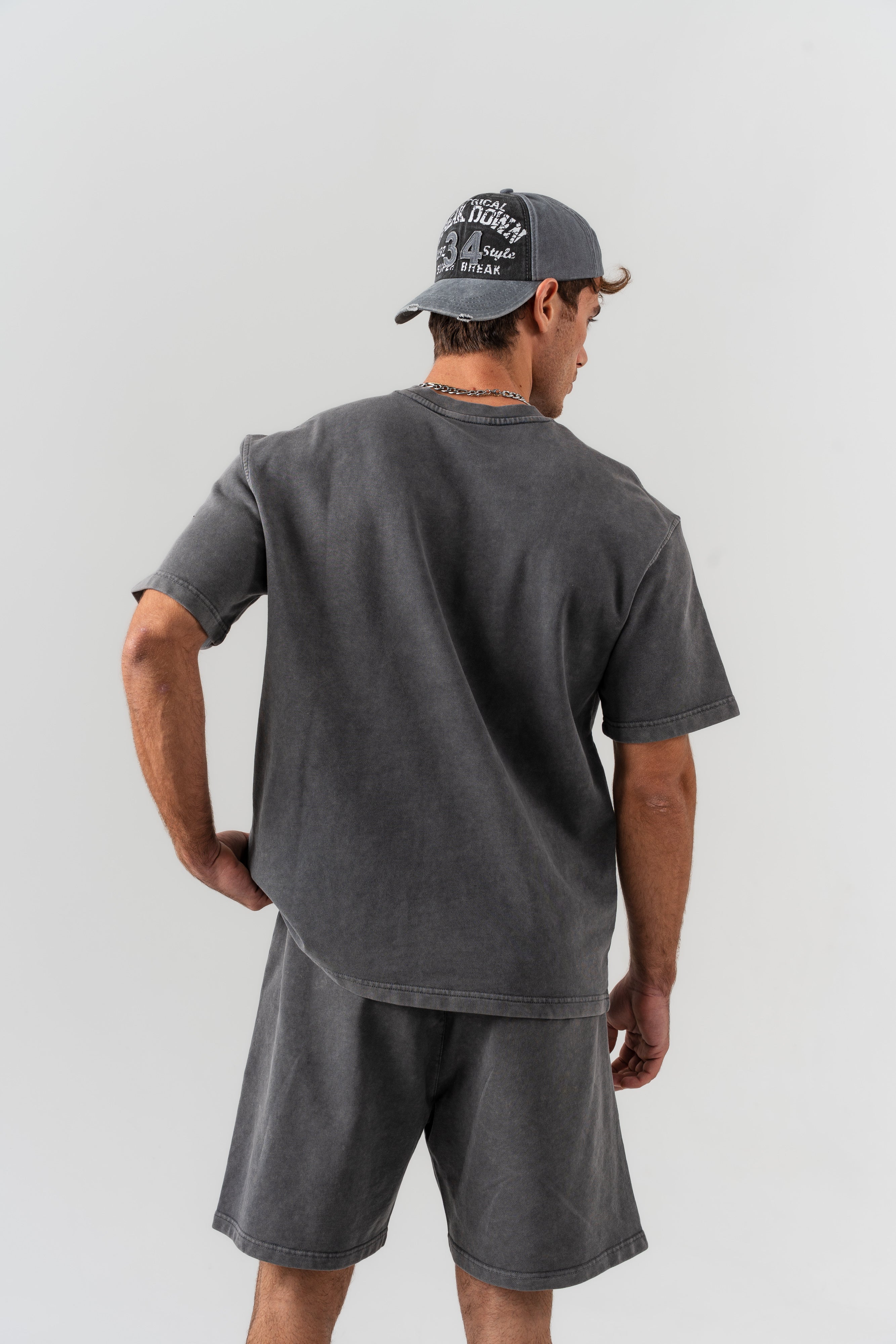 BORZ Yıkamalı Oversize T-shirt ve Şort Takımı - Siyah-4