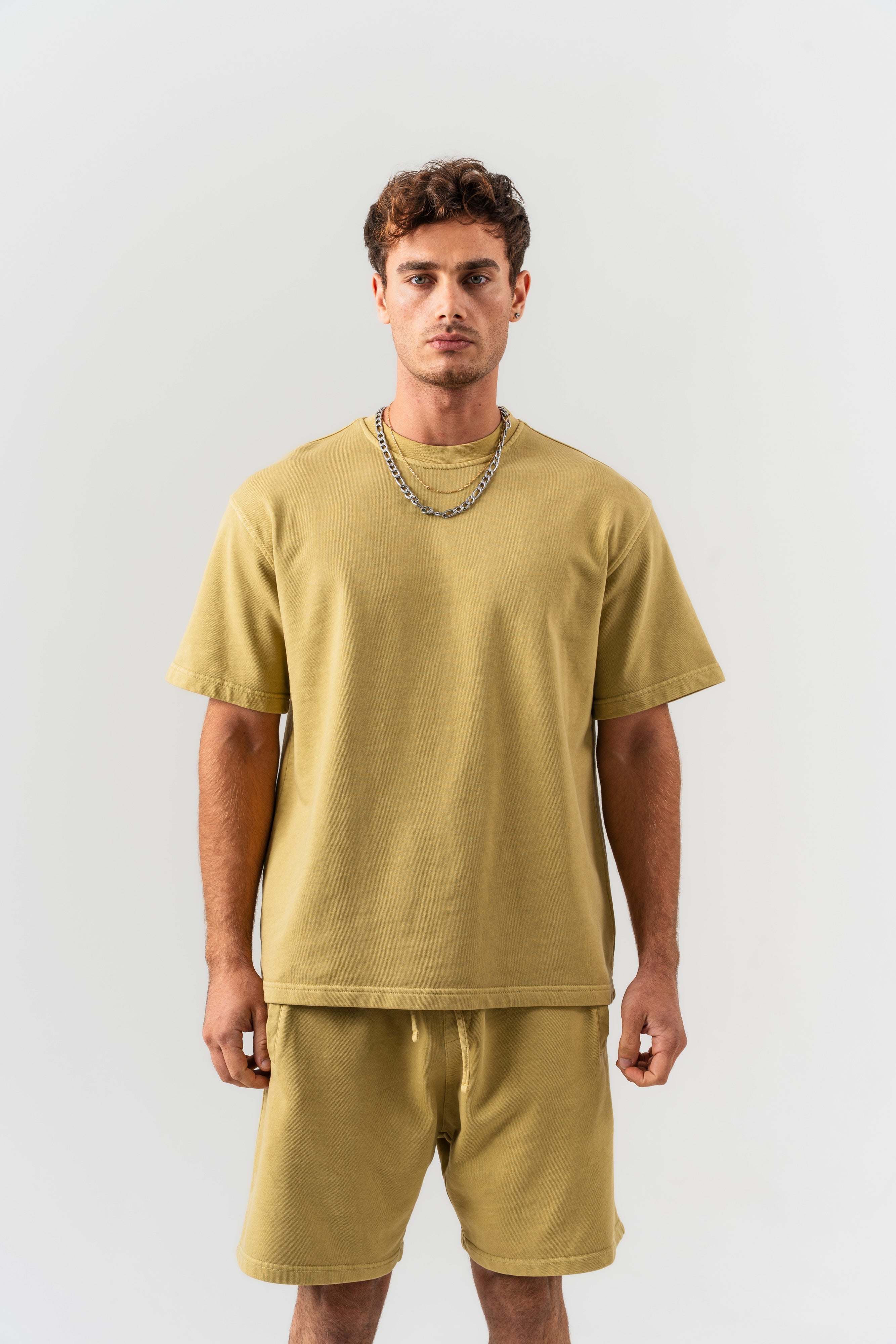 BORZ Yıkamalı Oversize T-shirt ve Şort Takımı - Sarı-2