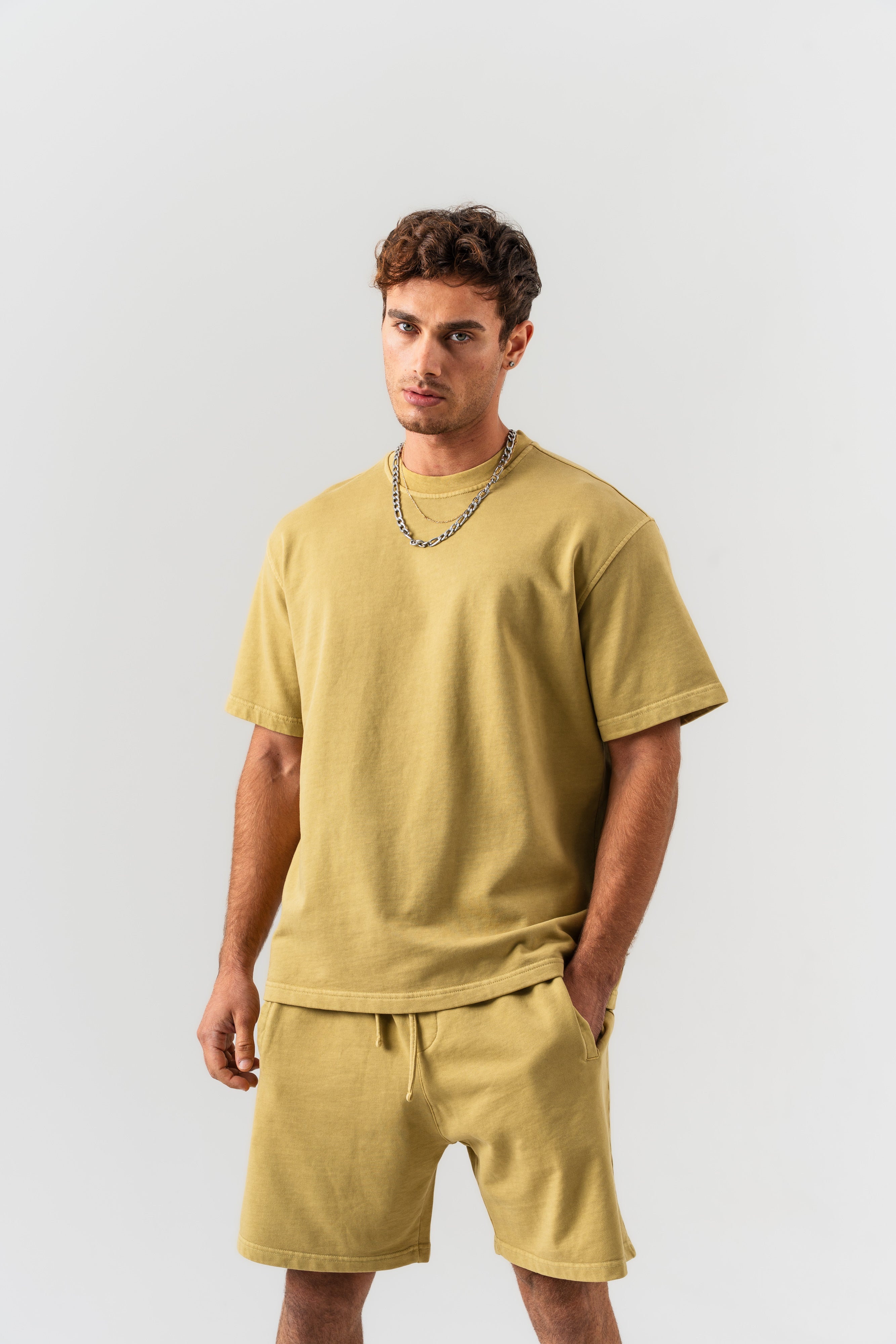 BORZ Yıkamalı Oversize T-shirt ve Şort Takımı - Sarı-5