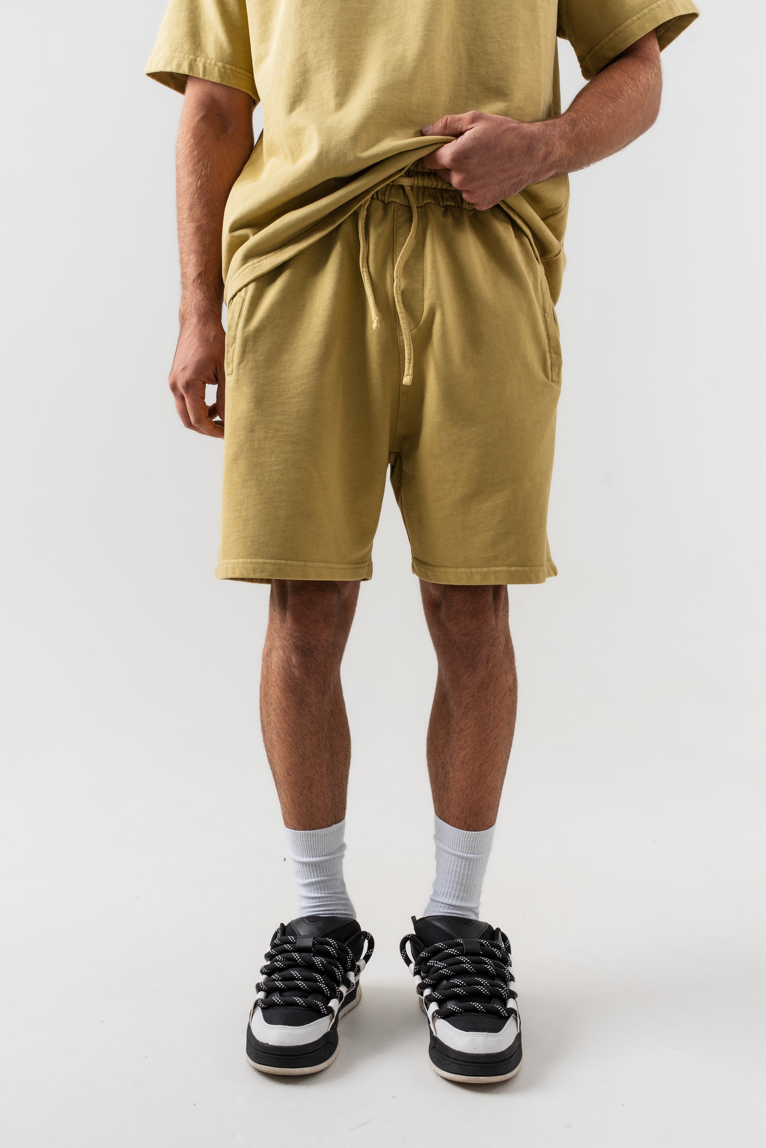 BORZ Yıkamalı Oversize T-shirt ve Şort Takımı - Sarı-7