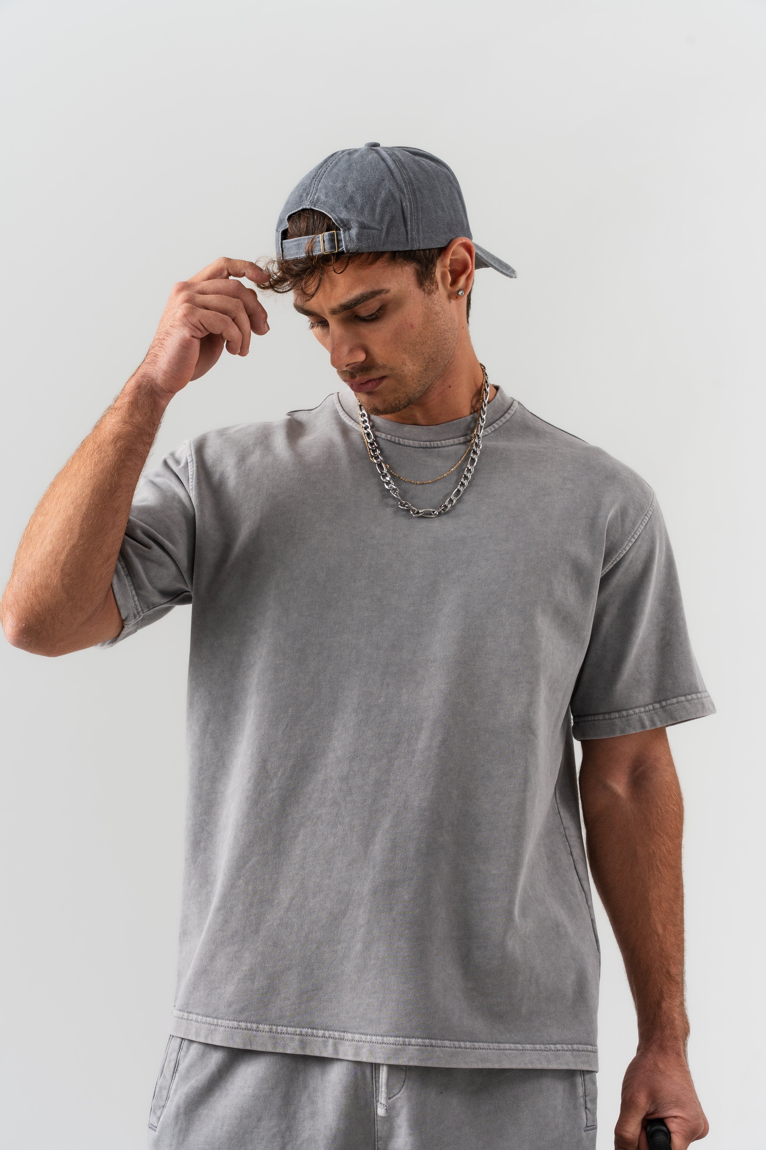 BORZ Yıkamalı Oversize T-shirt ve Şort Takımı - Gri-4