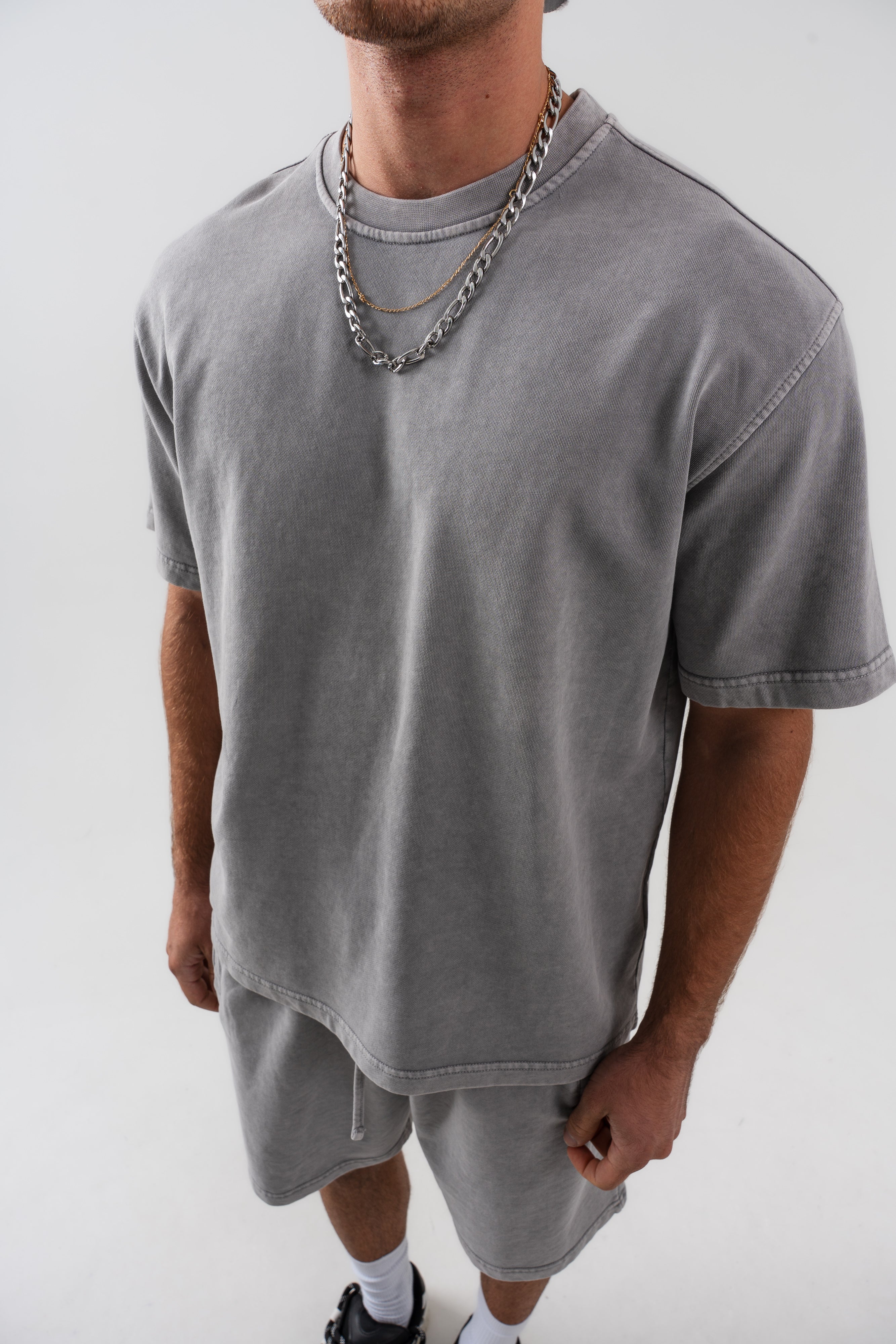 BORZ Yıkamalı Oversize T-shirt ve Şort Takımı - Gri-5