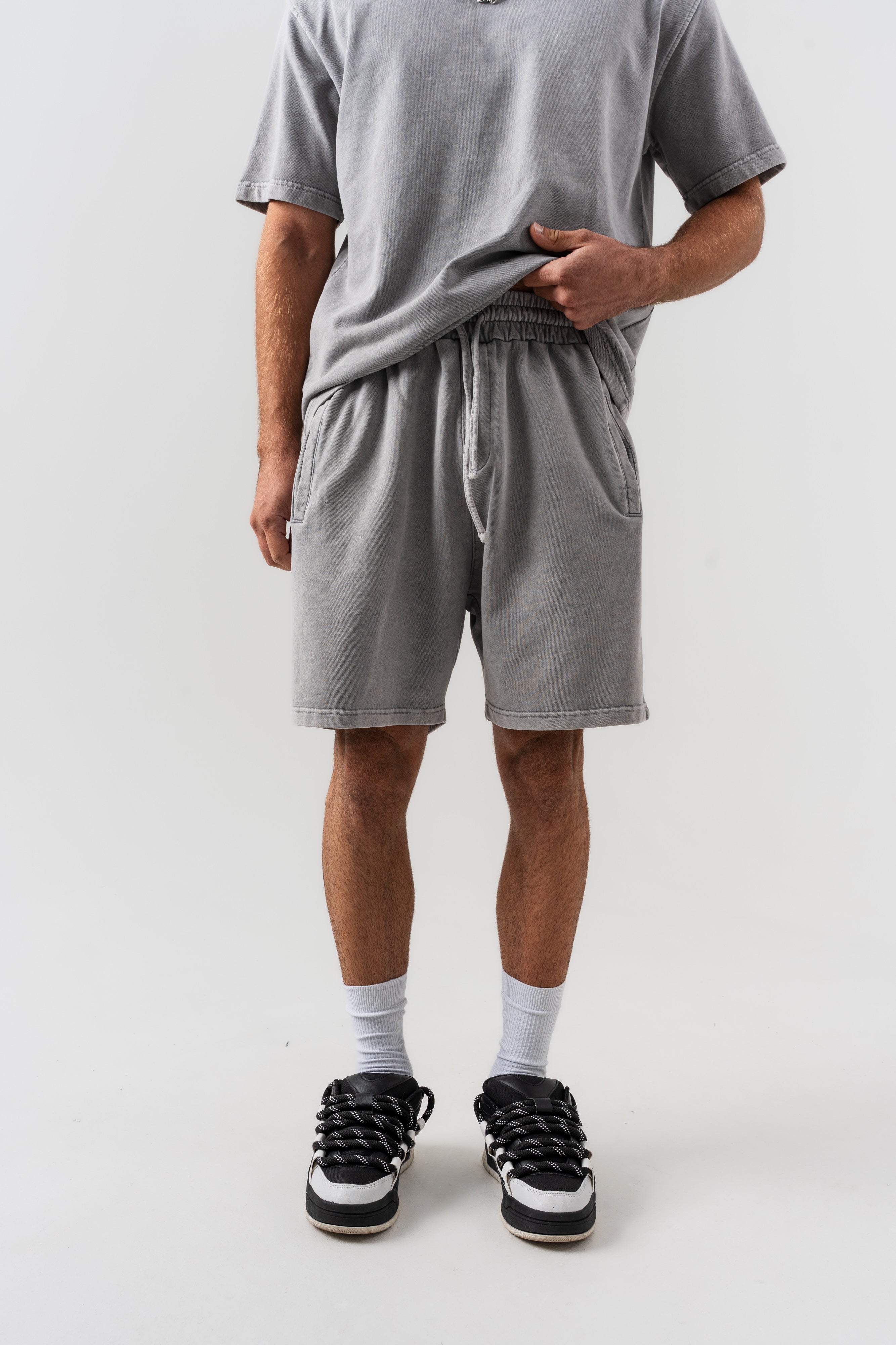BORZ Yıkamalı Oversize T-shirt ve Şort Takımı - Gri-6