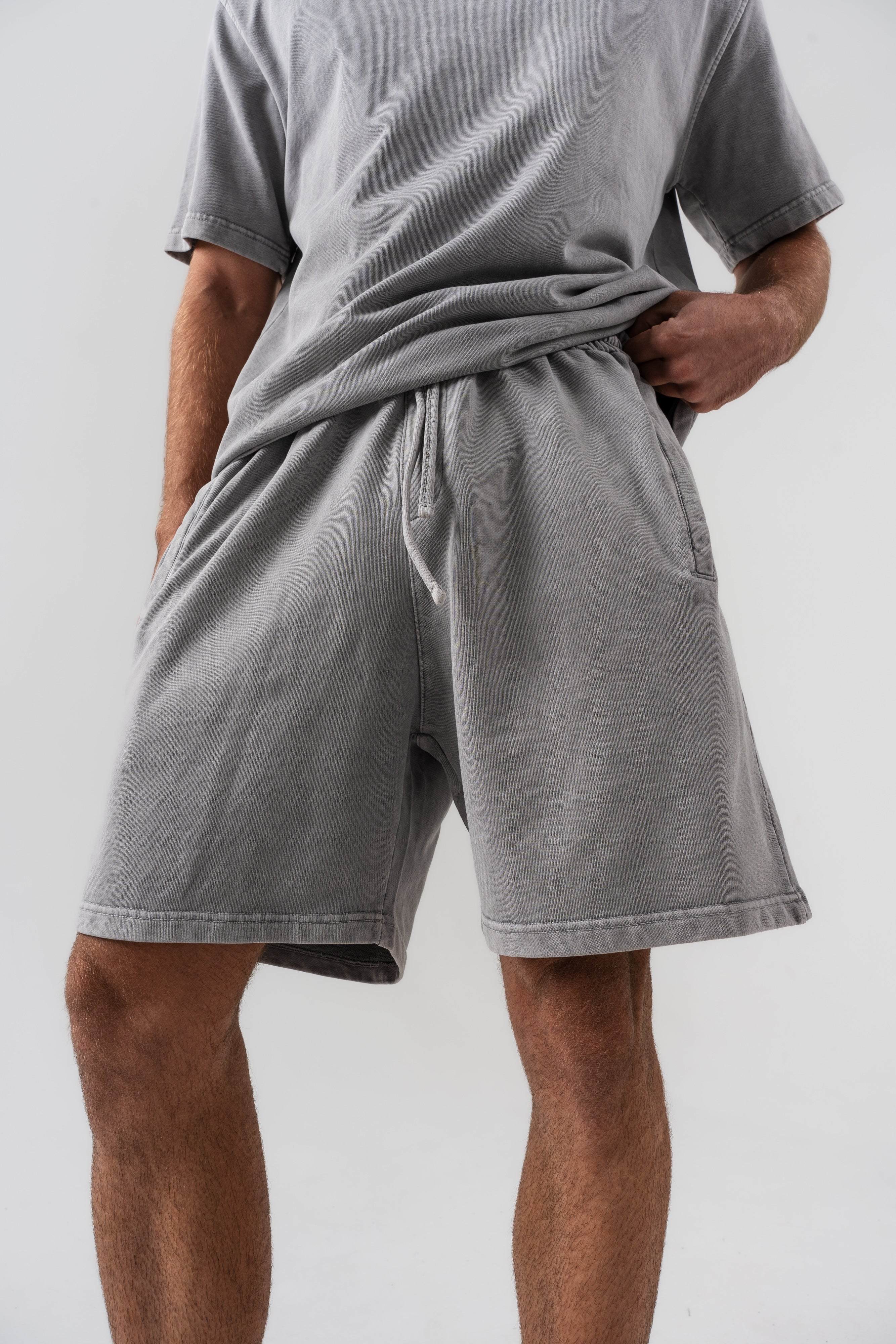 BORZ Yıkamalı Oversize T-shirt ve Şort Takımı - Gri-7