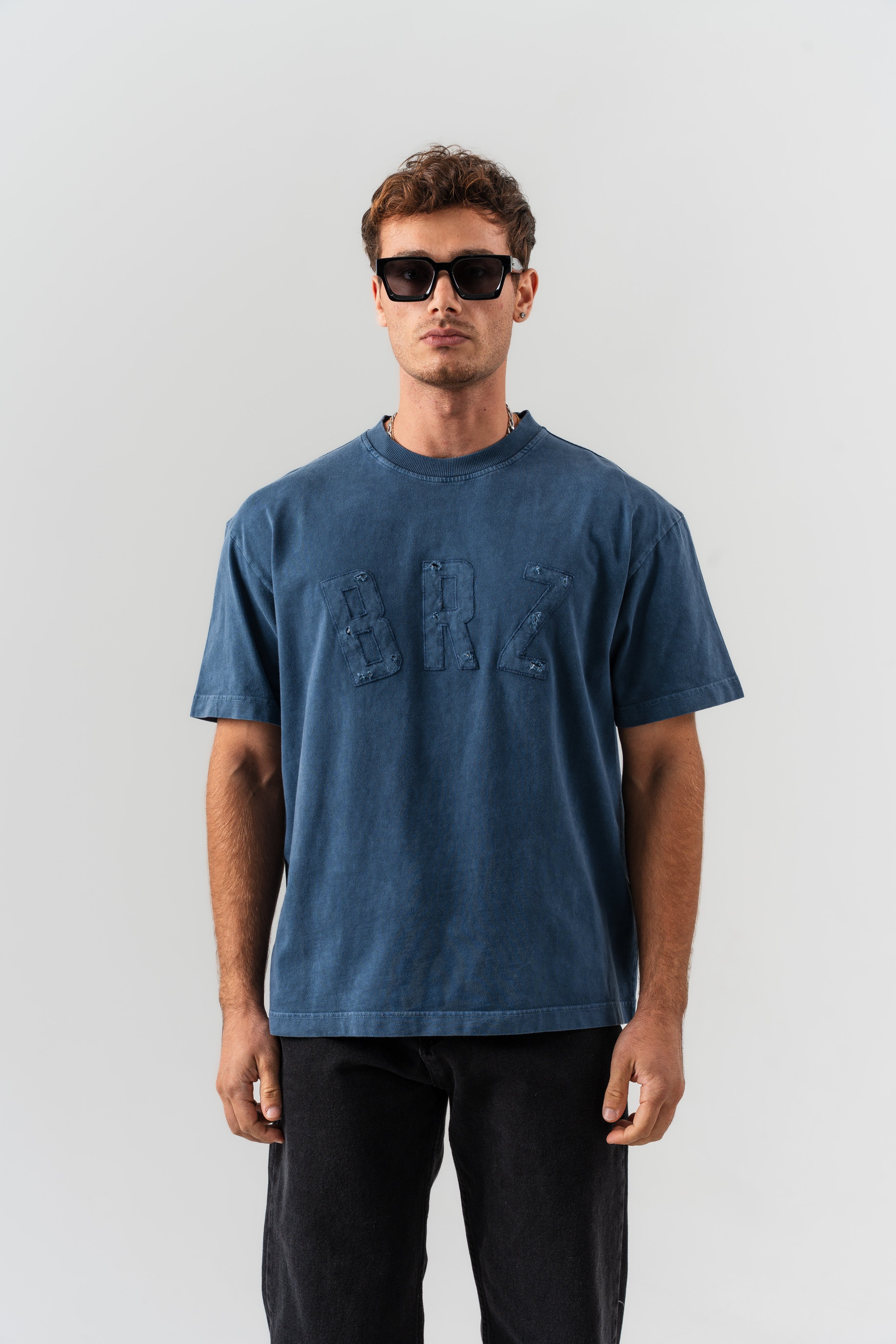 BORZ Aplike Nakışlı Oversize Kalıp Bisiklet Yaka T-shirt - Lacivert