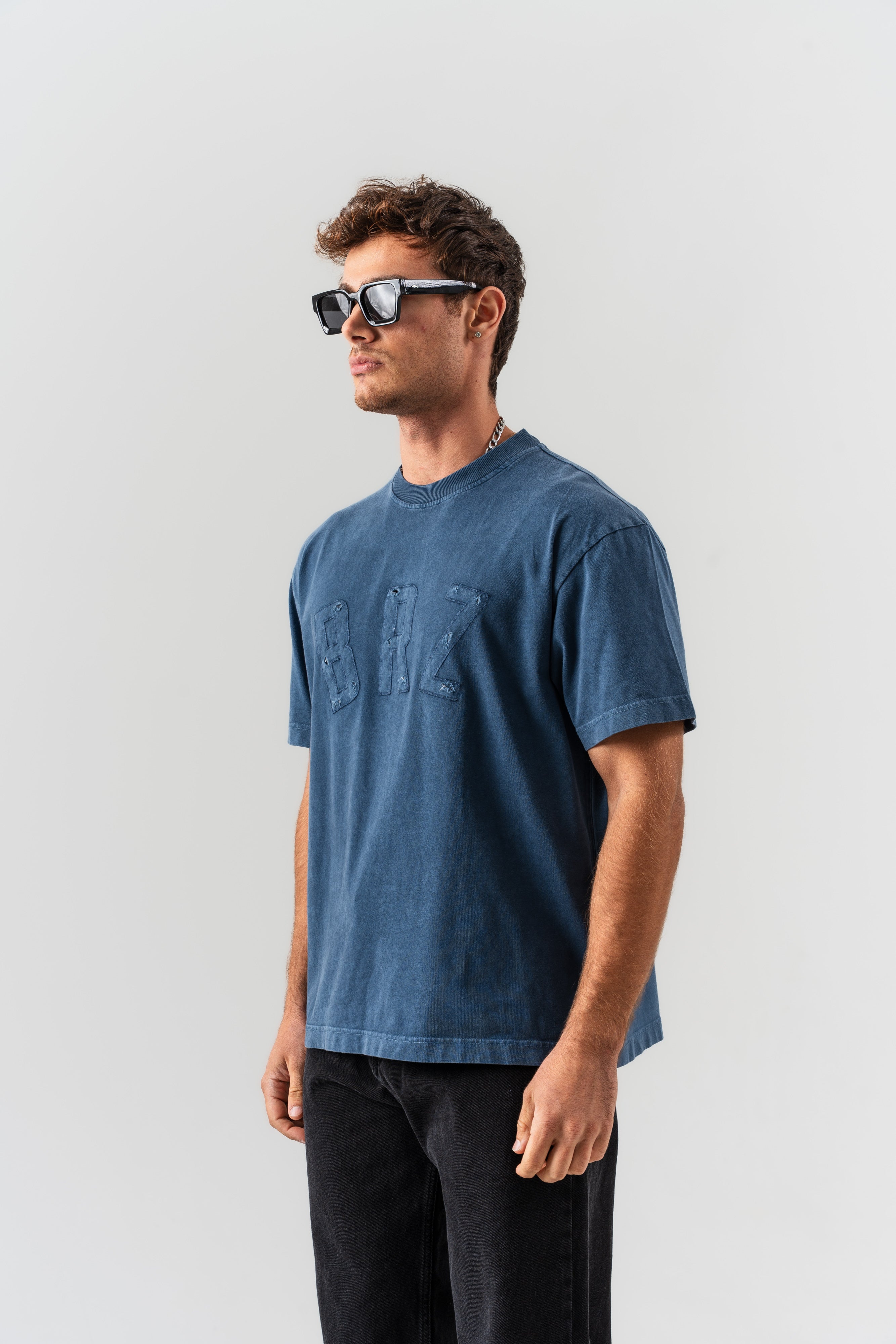 BORZ Aplike Nakışlı Oversize Kalıp Bisiklet Yaka T-shirt - Lacivert-2