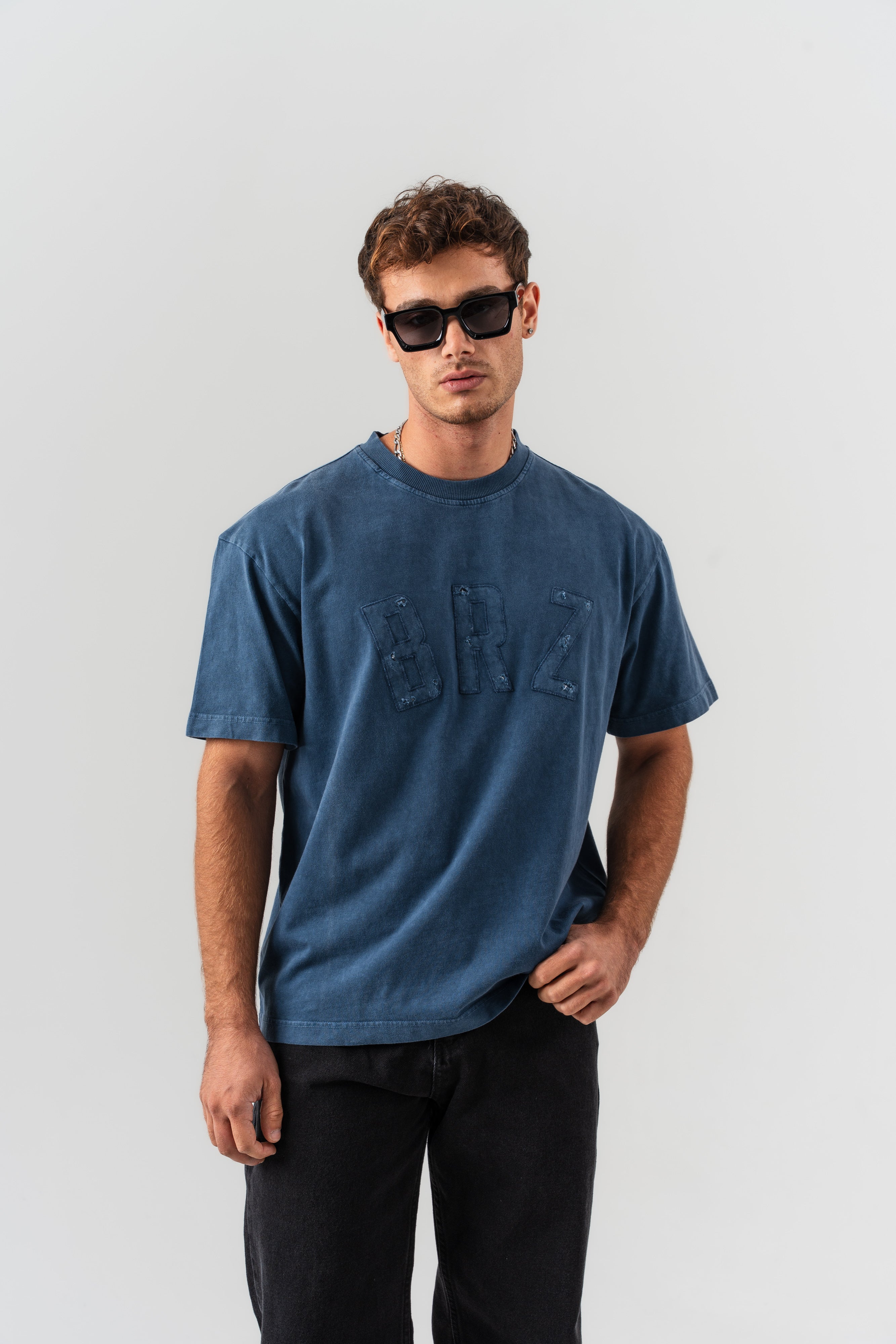 BORZ Aplike Nakışlı Oversize Kalıp Bisiklet Yaka T-shirt - Lacivert-4
