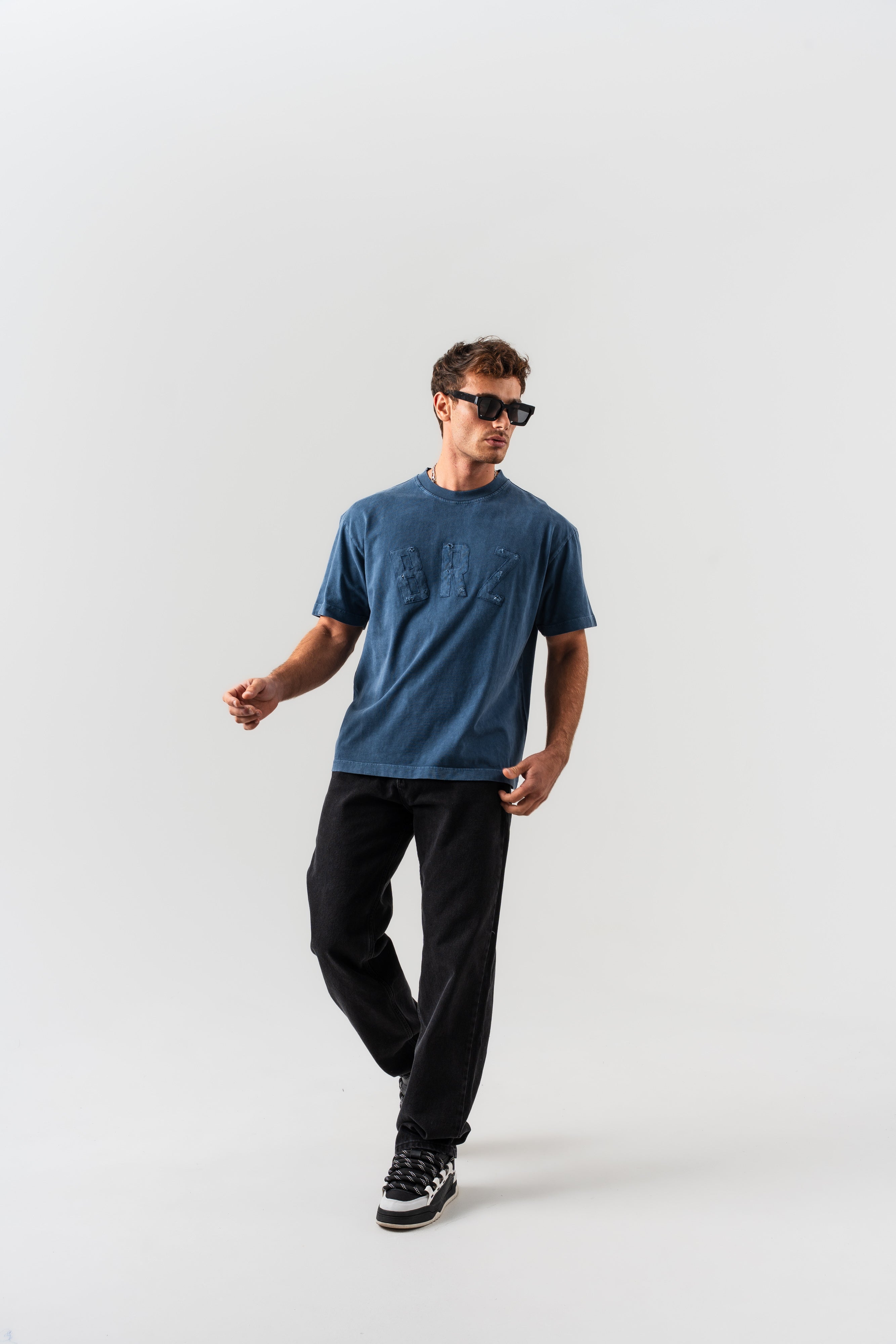 BORZ Aplike Nakışlı Oversize Kalıp Bisiklet Yaka T-shirt - Lacivert-5