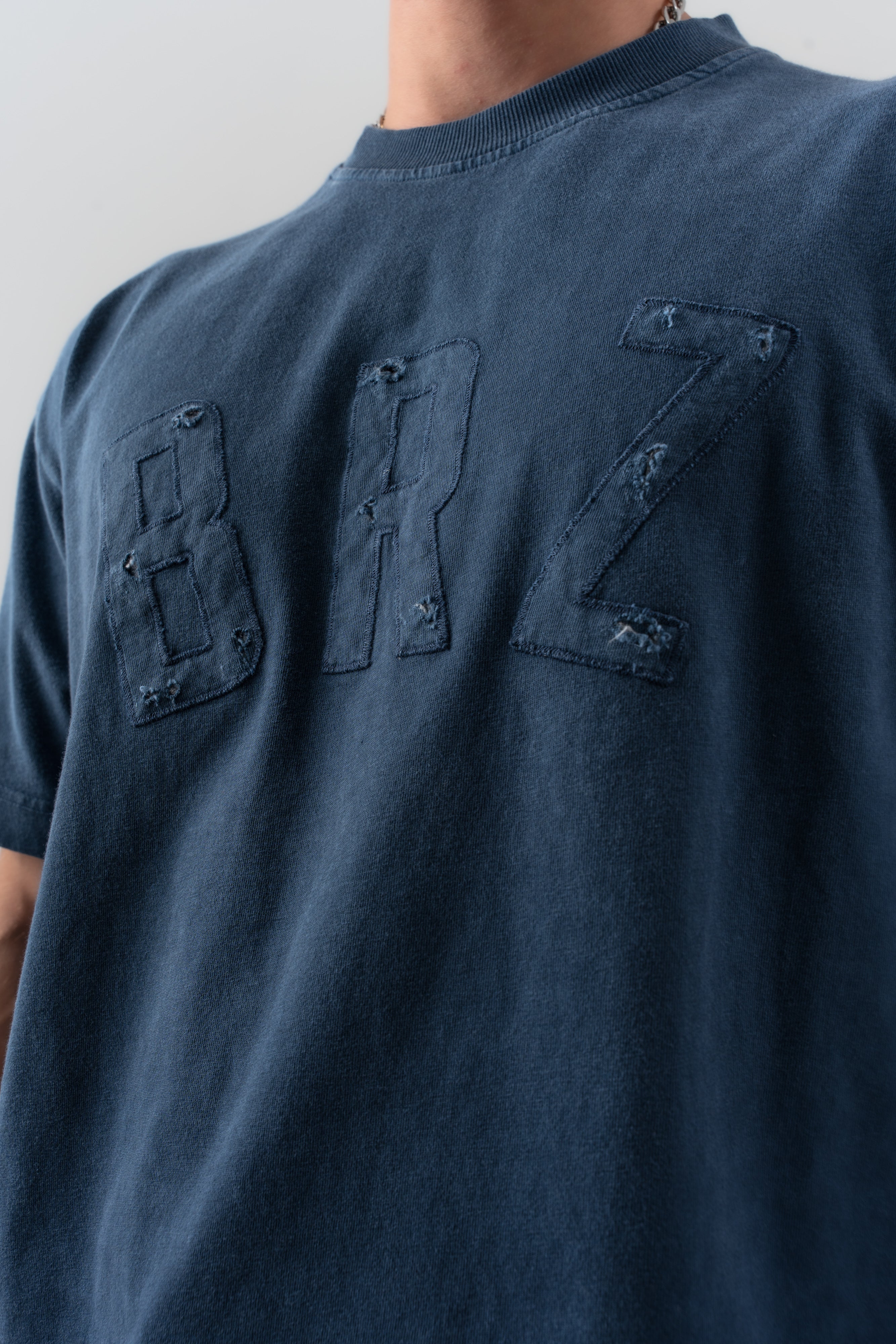 BORZ Aplike Nakışlı Oversize Kalıp Bisiklet Yaka T-shirt - Lacivert-6