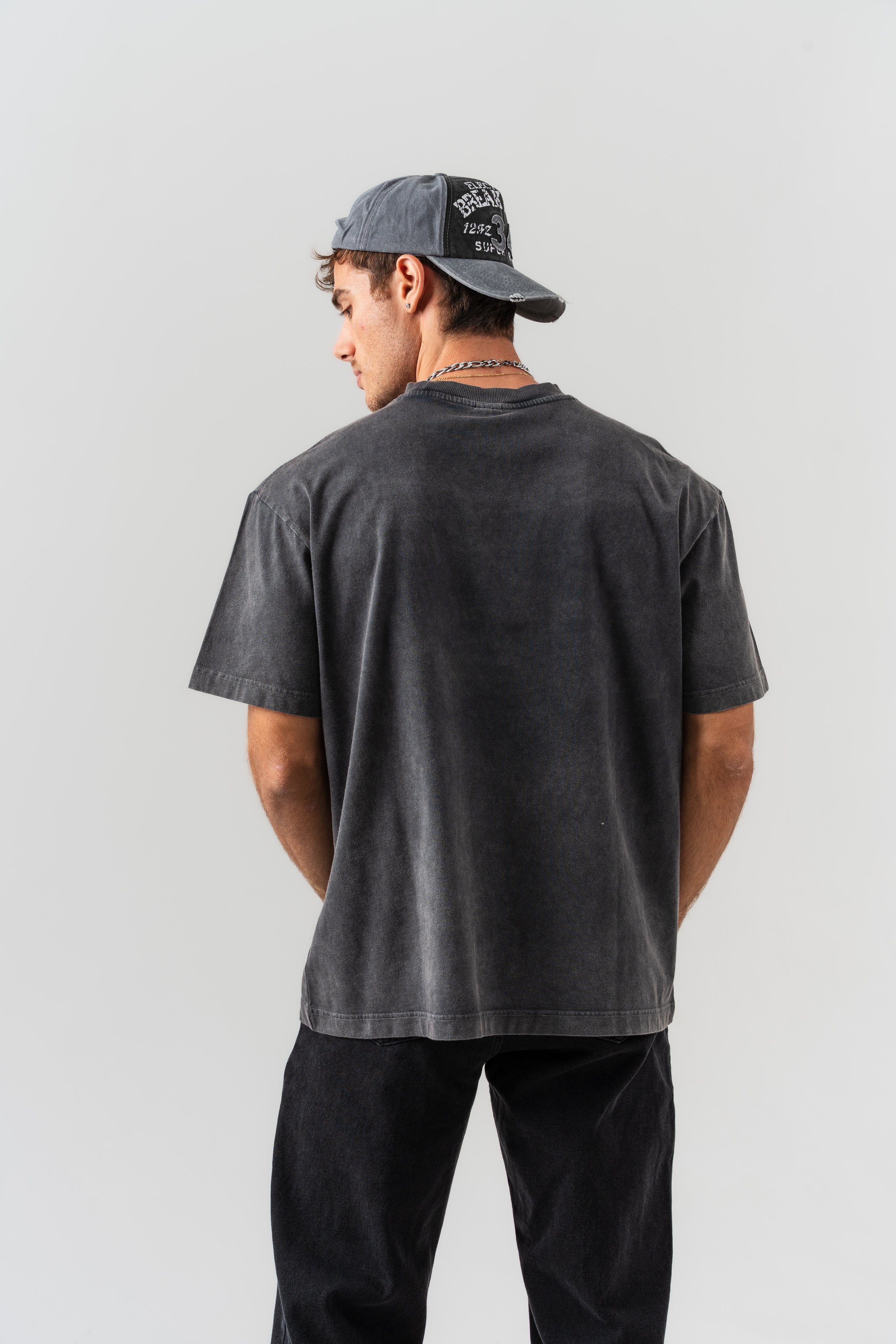 BORZ Aplike Nakışlı Oversize Kalıp Bisiklet Yaka T-shirt - Siyah-3