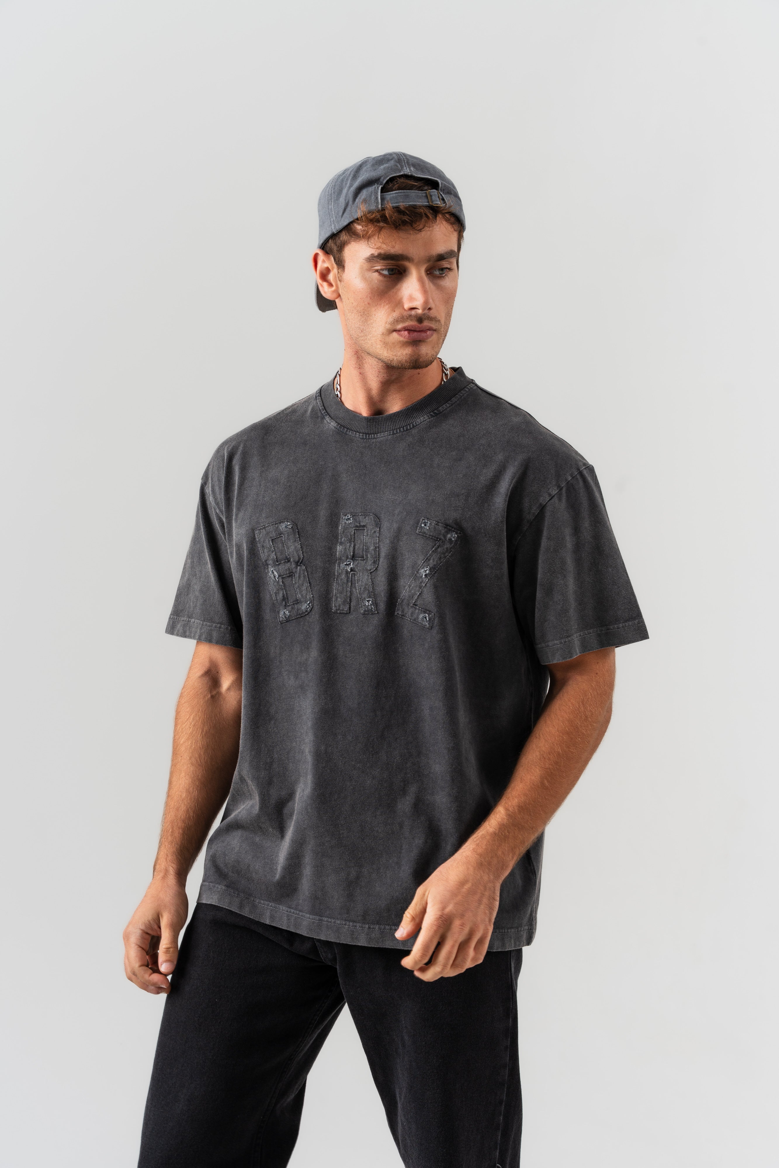 BORZ Aplike Nakışlı Oversize Kalıp Bisiklet Yaka T-shirt - Siyah-4