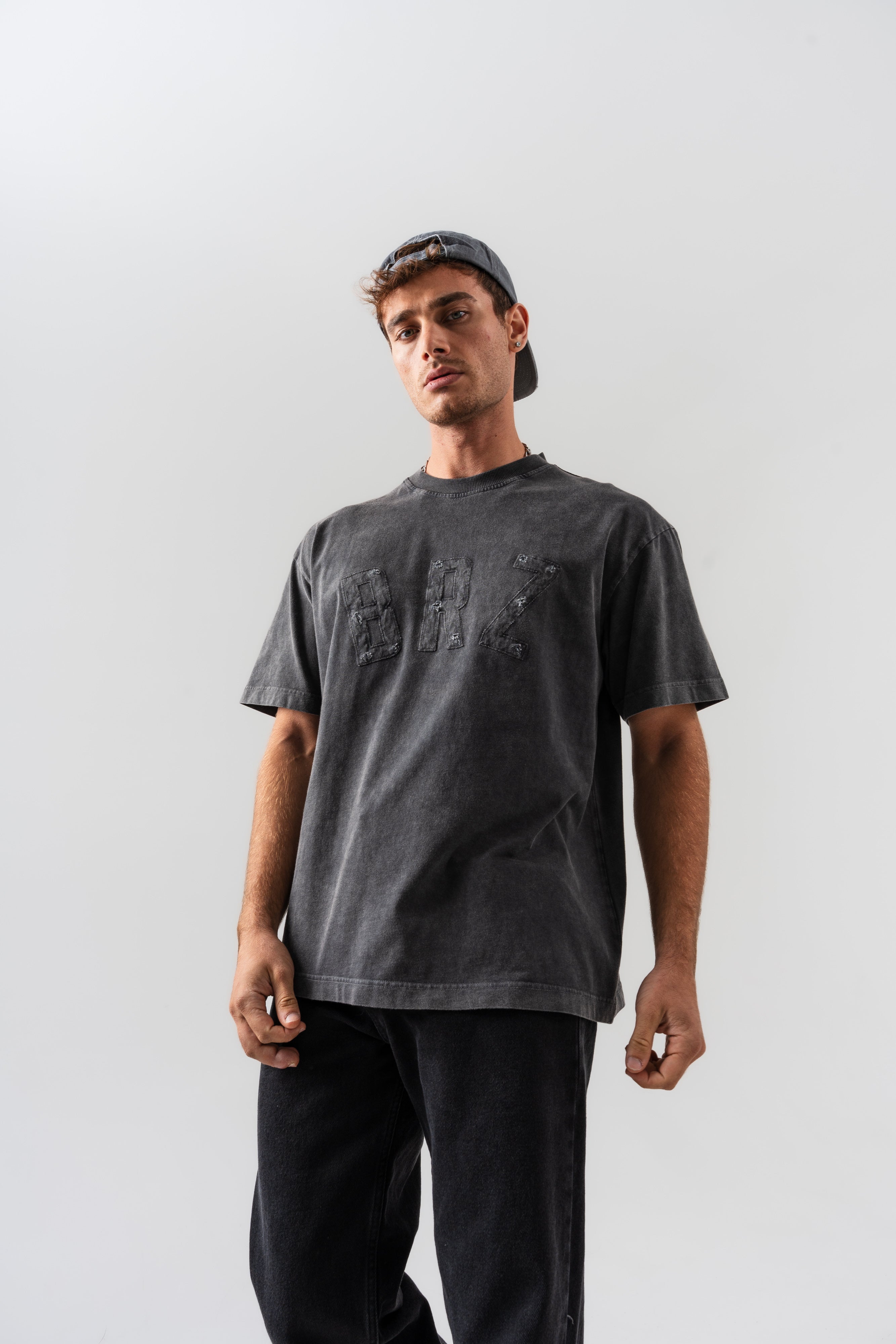BORZ Aplike Nakışlı Oversize Kalıp Bisiklet Yaka T-shirt - Siyah-5
