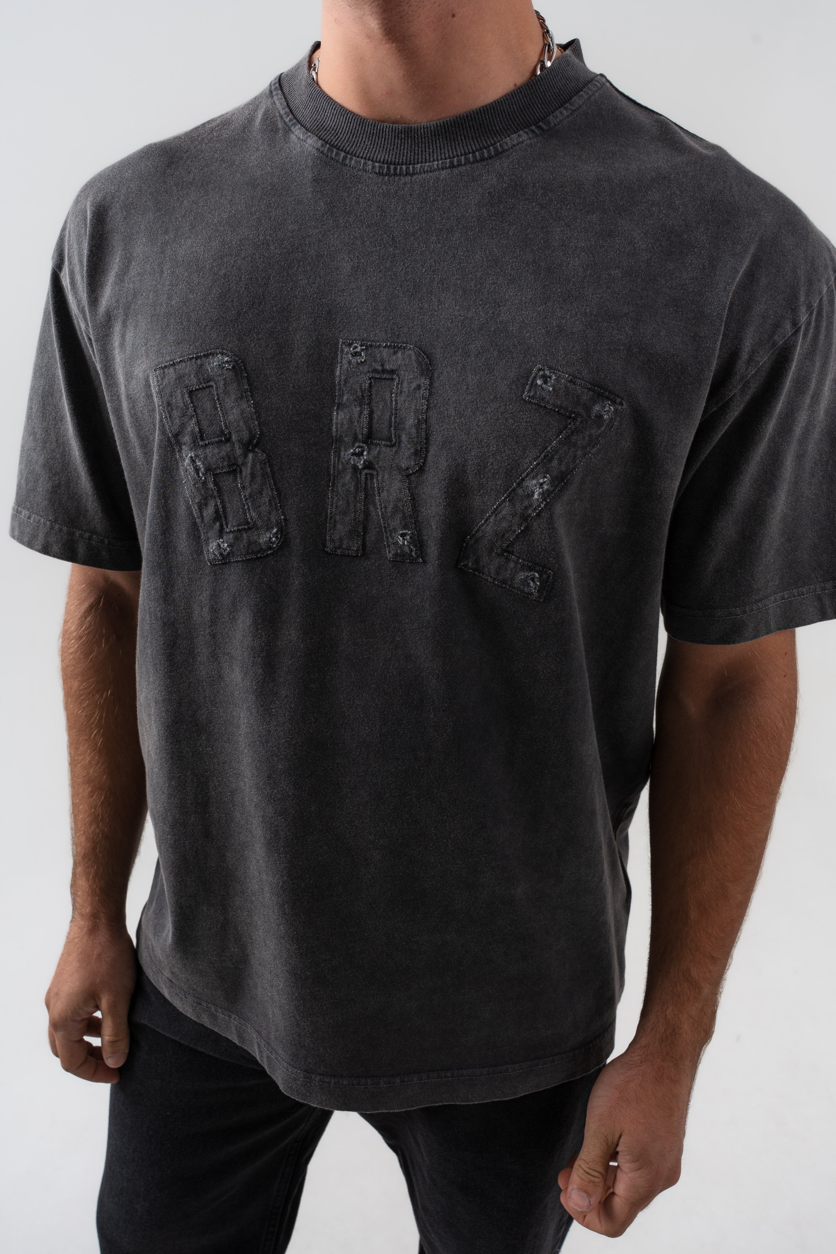 BORZ Aplike Nakışlı Oversize Kalıp Bisiklet Yaka T-shirt - Siyah-6