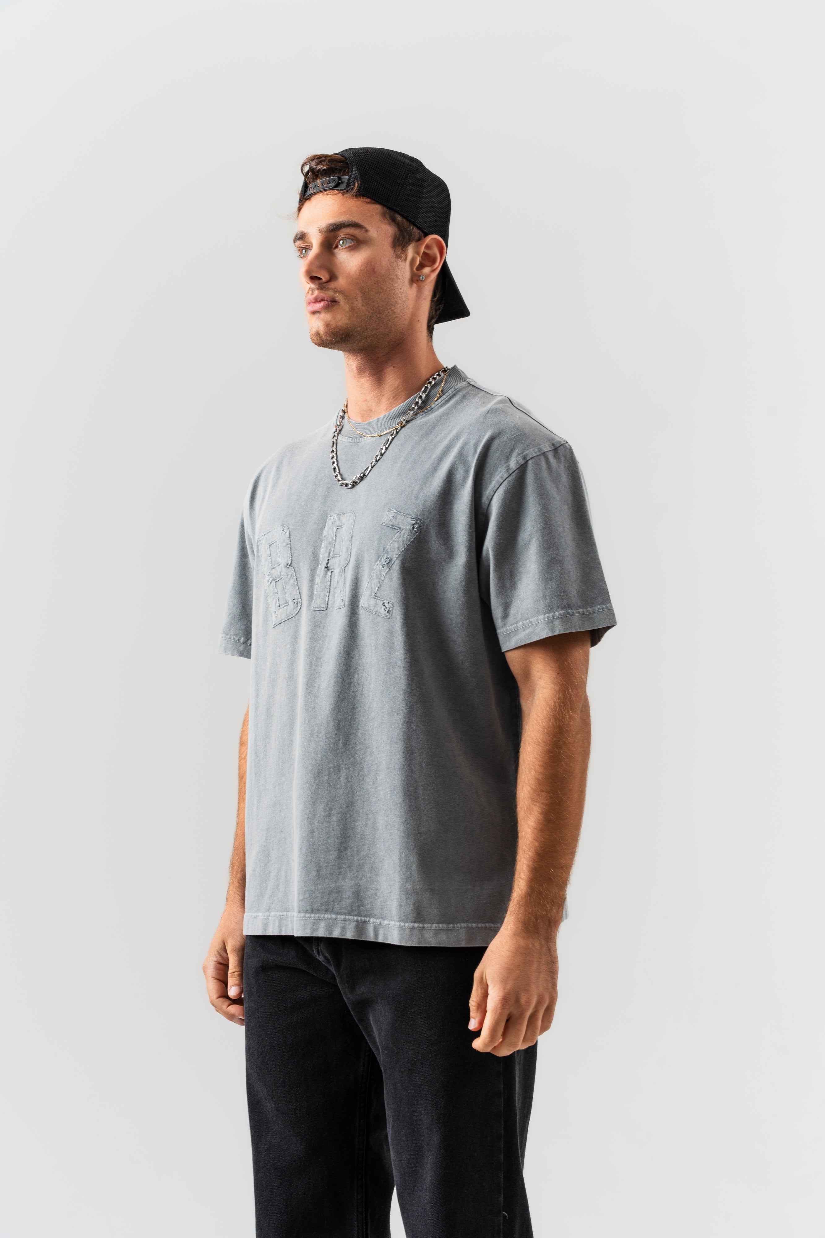 BORZ Aplike Nakışlı Oversize Kalıp Bisiklet Yaka T-shirt - Gri-2