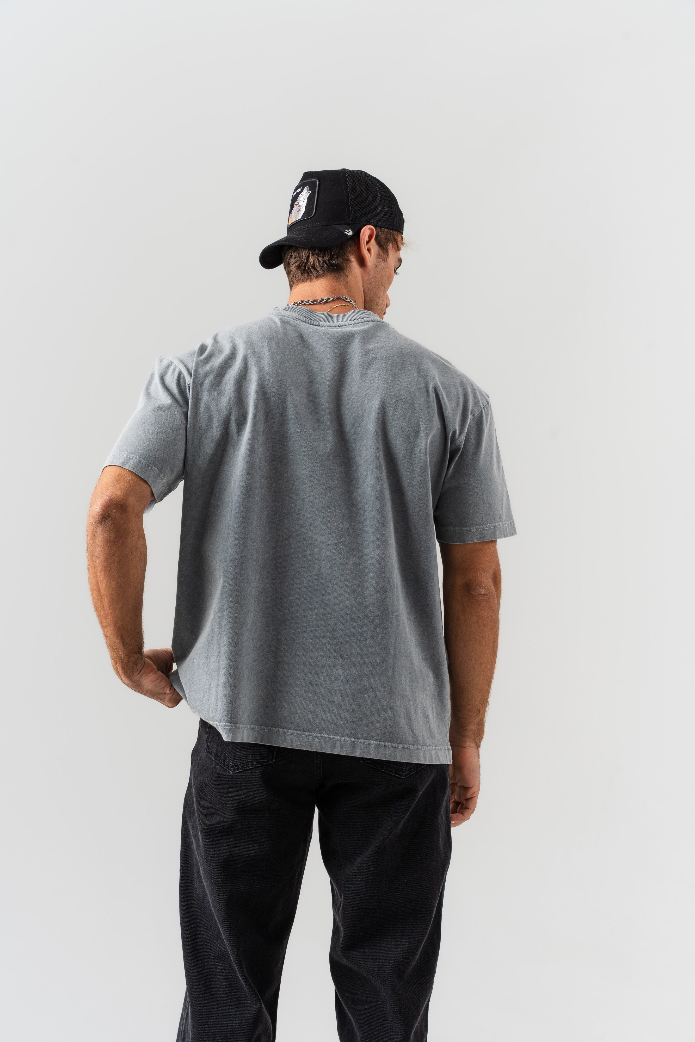 BORZ Aplike Nakışlı Oversize Kalıp Bisiklet Yaka T-shirt - Gri-3