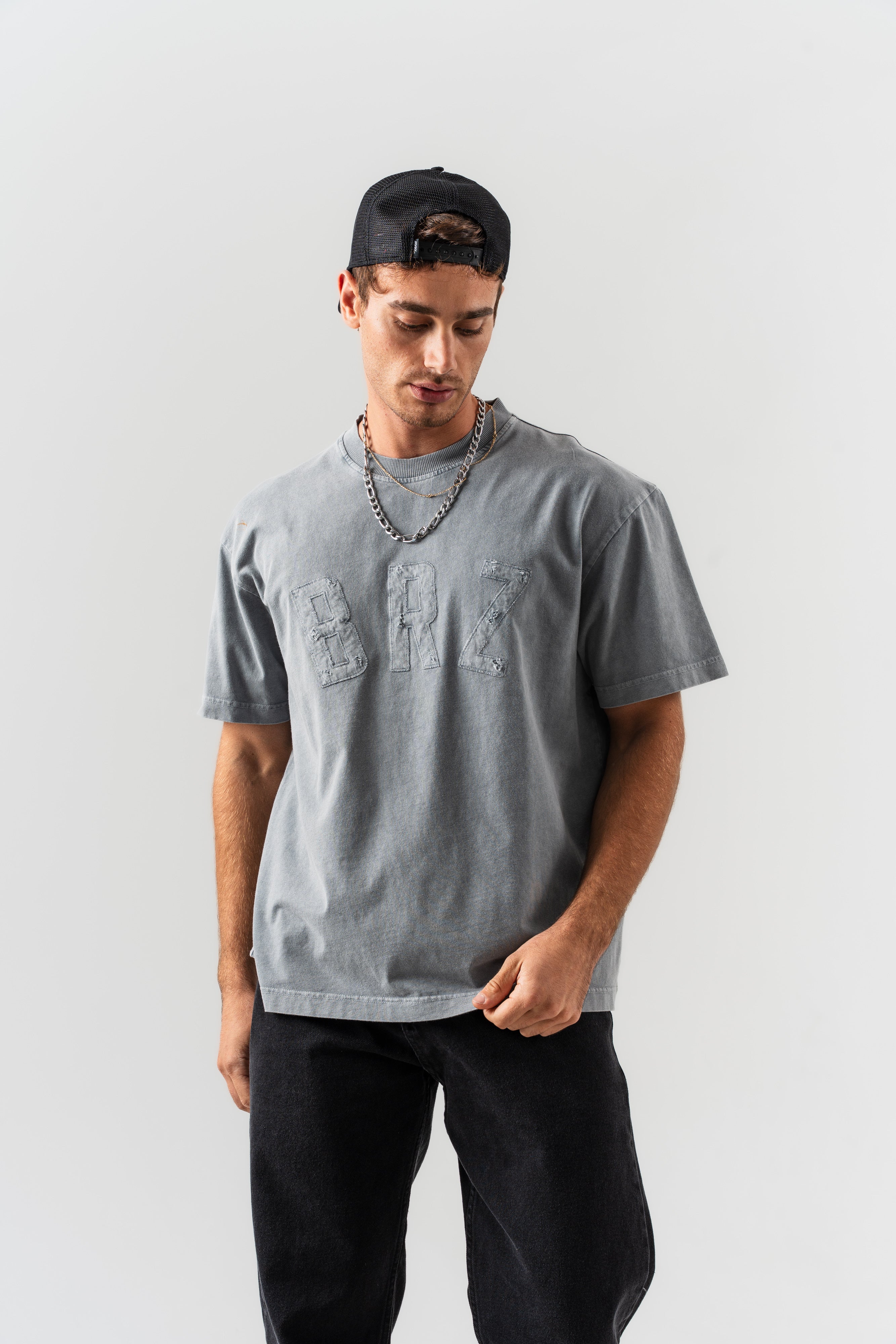 BORZ Aplike Nakışlı Oversize Kalıp Bisiklet Yaka T-shirt - Gri-4