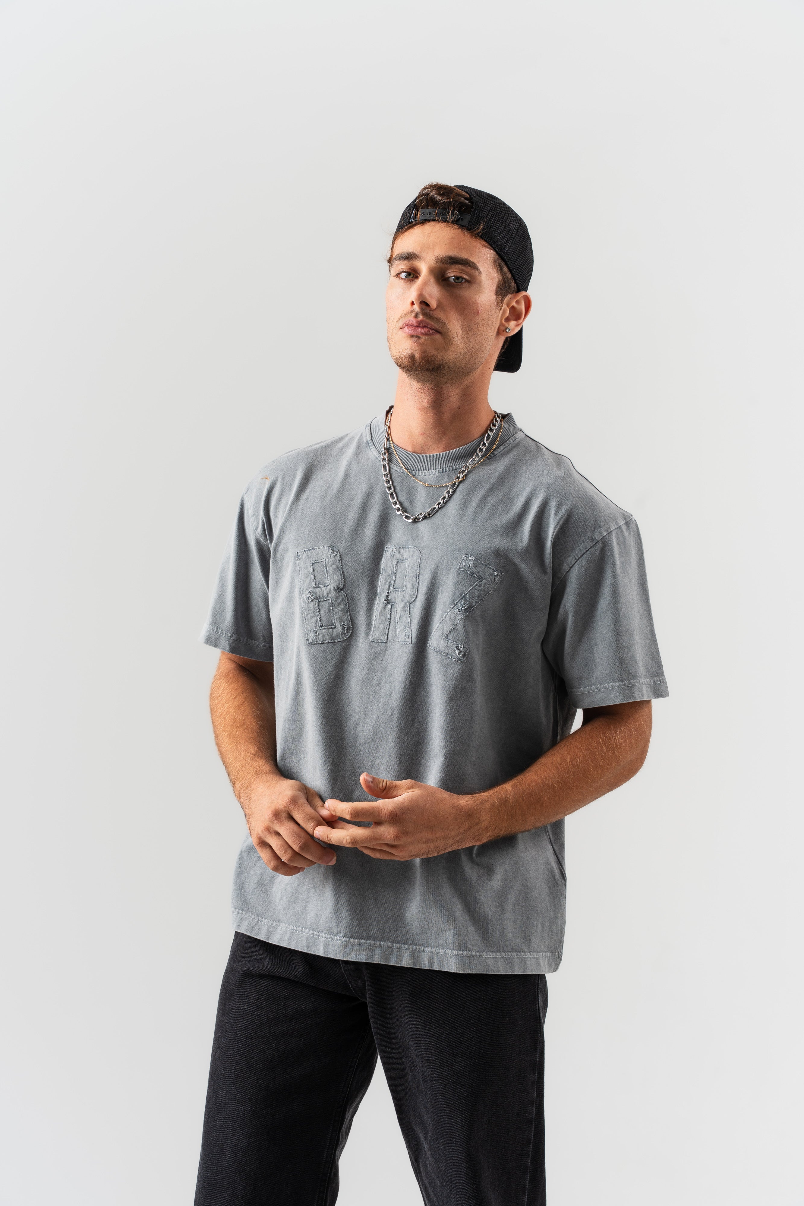 BORZ Aplike Nakışlı Oversize Kalıp Bisiklet Yaka T-shirt - Gri-5