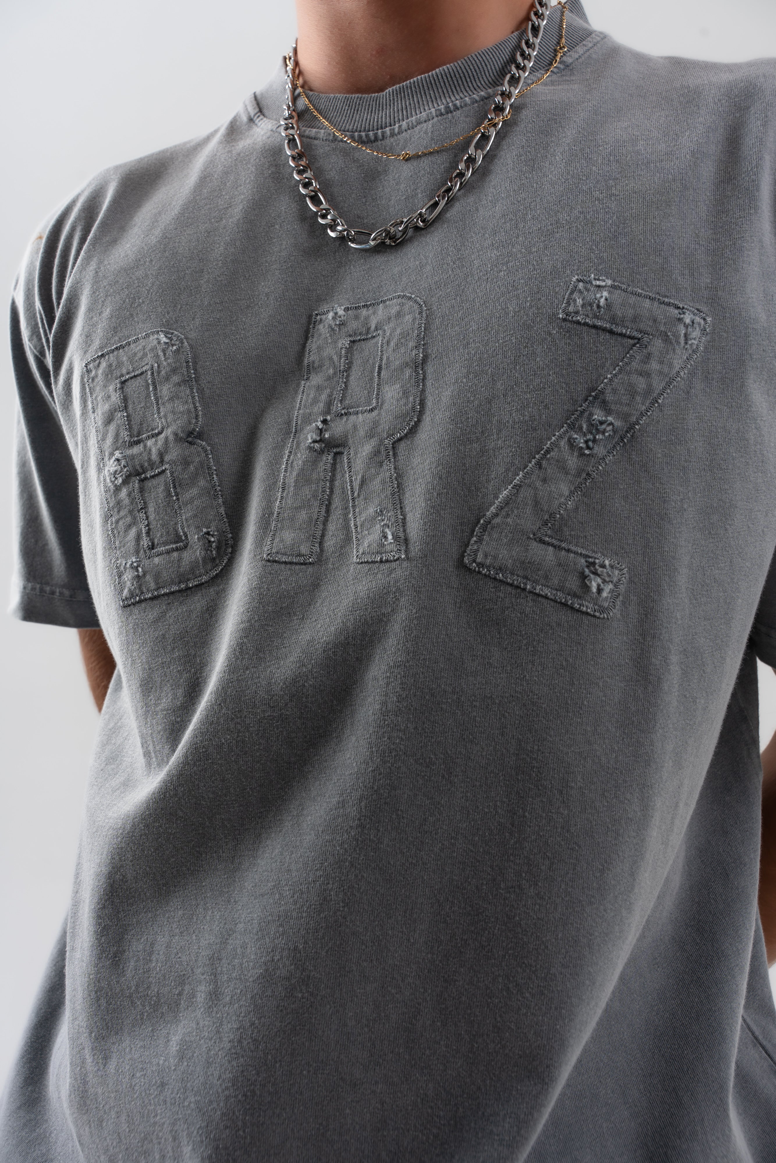 BORZ Aplike Nakışlı Oversize Kalıp Bisiklet Yaka T-shirt - Gri-6