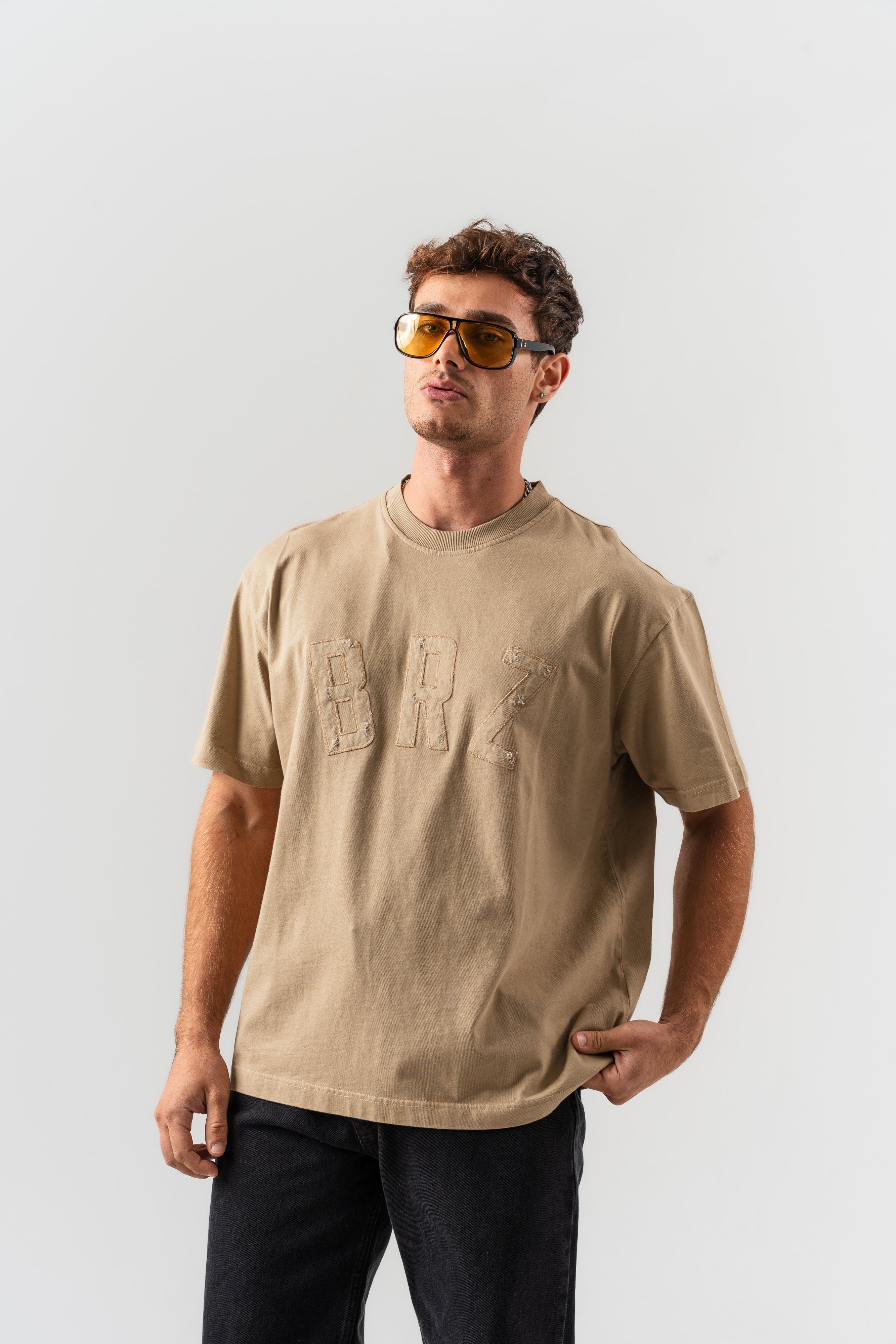 BORZ Aplike Nakışlı Oversize Kalıp Bisiklet Yaka T-shirt - Bej-4