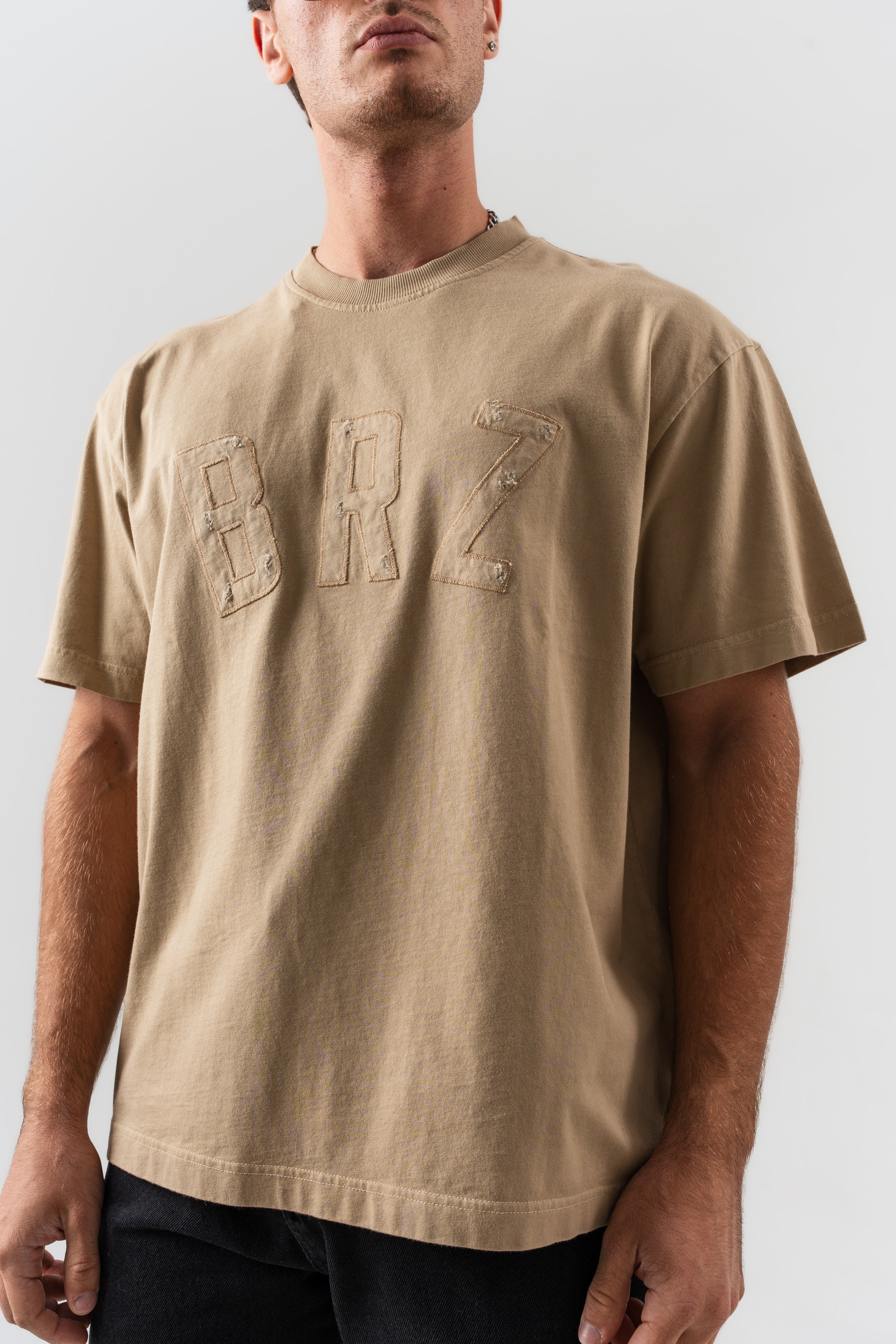 BORZ Aplike Nakışlı Oversize Kalıp Bisiklet Yaka T-shirt - Bej-5