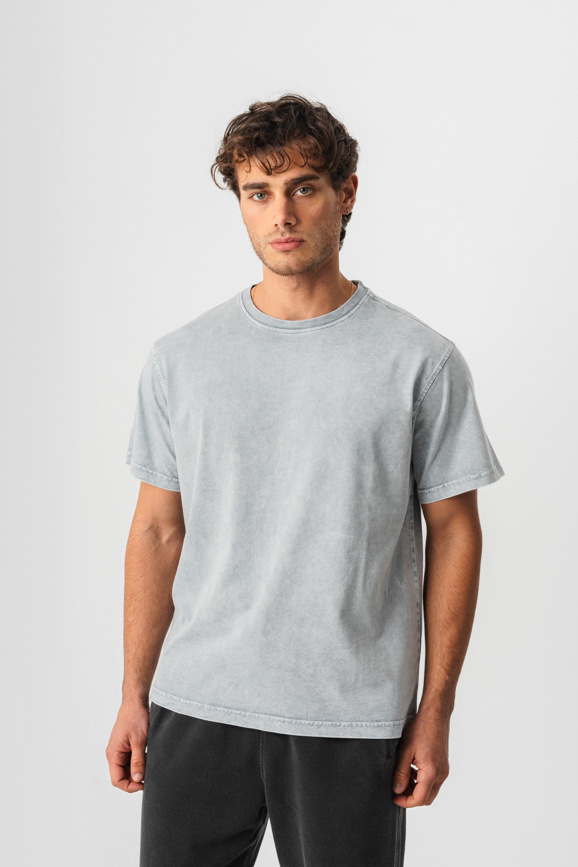 BORZ Yıkamalı Basic T-shirt - Gri-5