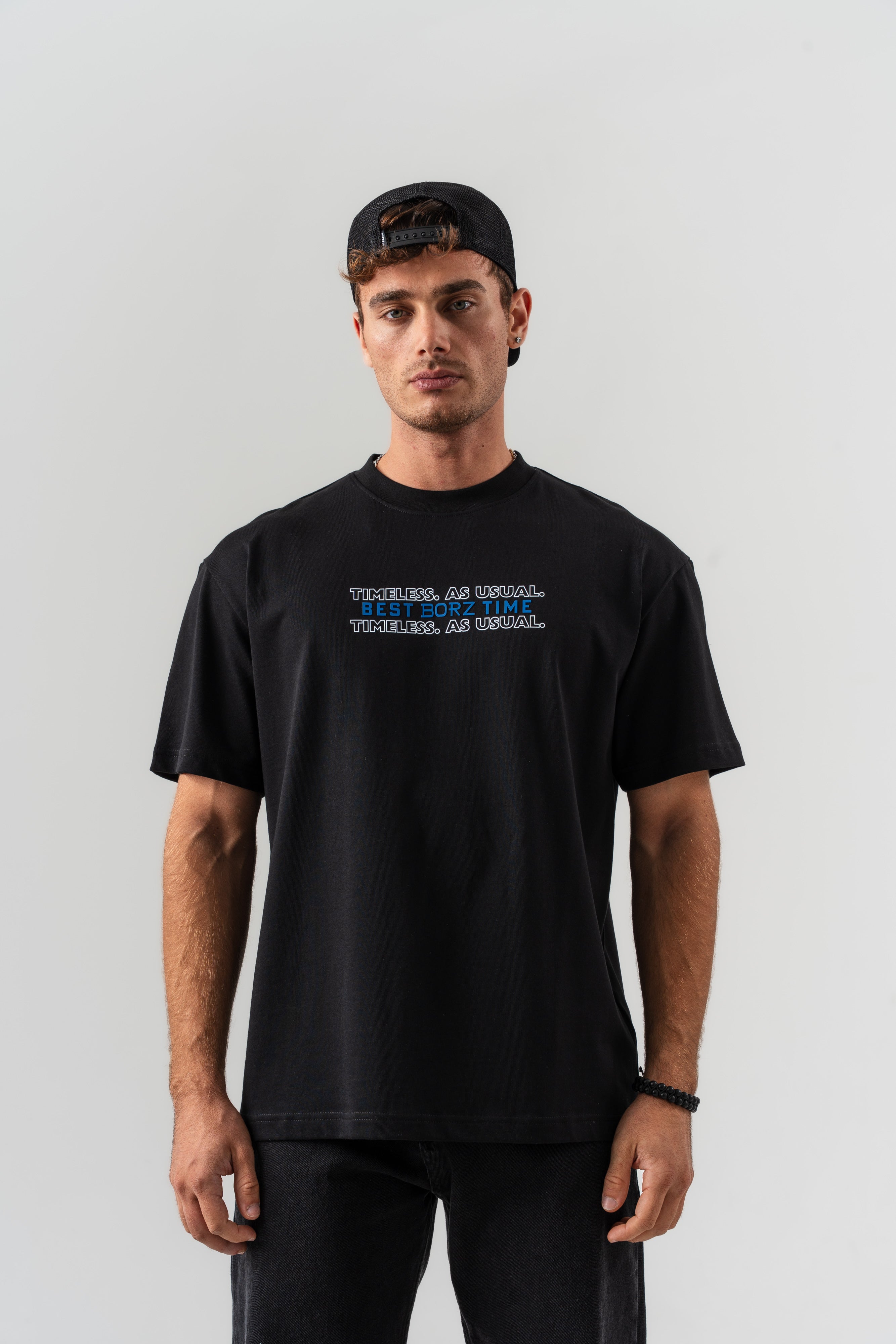 "Best Borz Time" Yazı Detaylı Oversize Kalıp T-shirt - Siyah