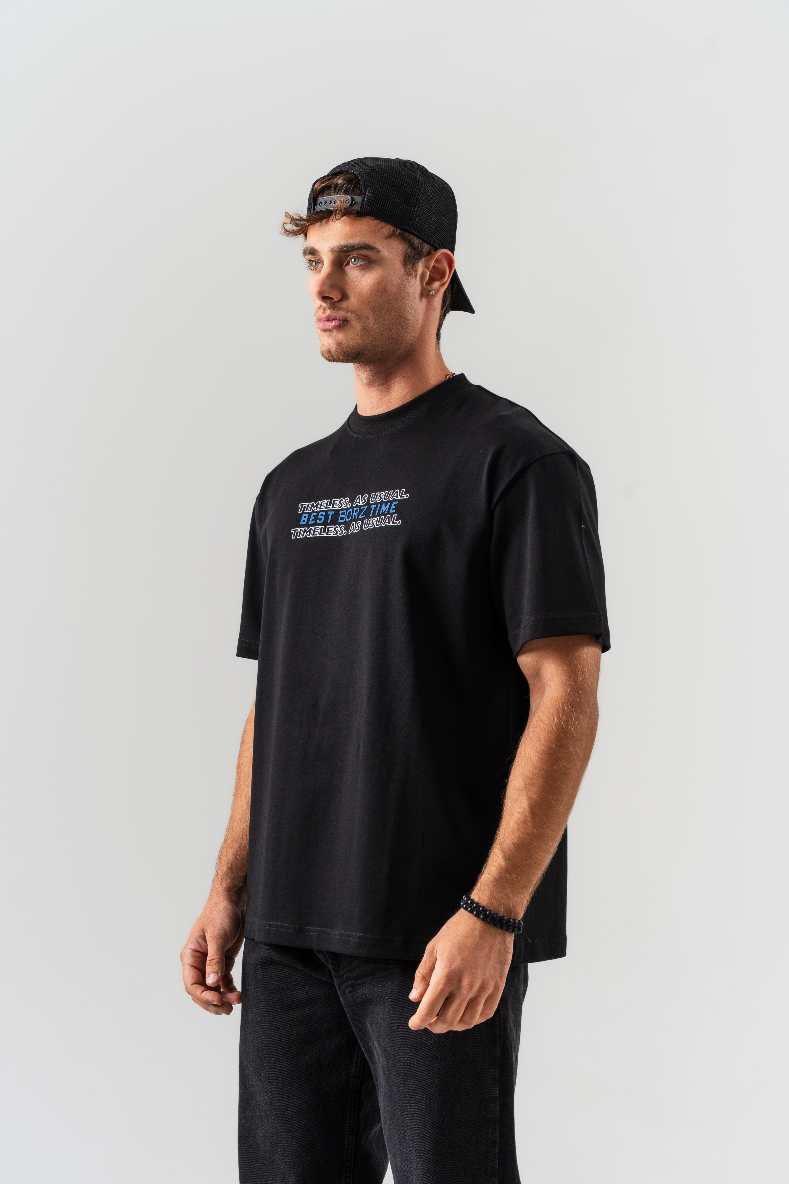 "Best Borz Time" Yazı Detaylı Oversize Kalıp T-shirt - Siyah-2
