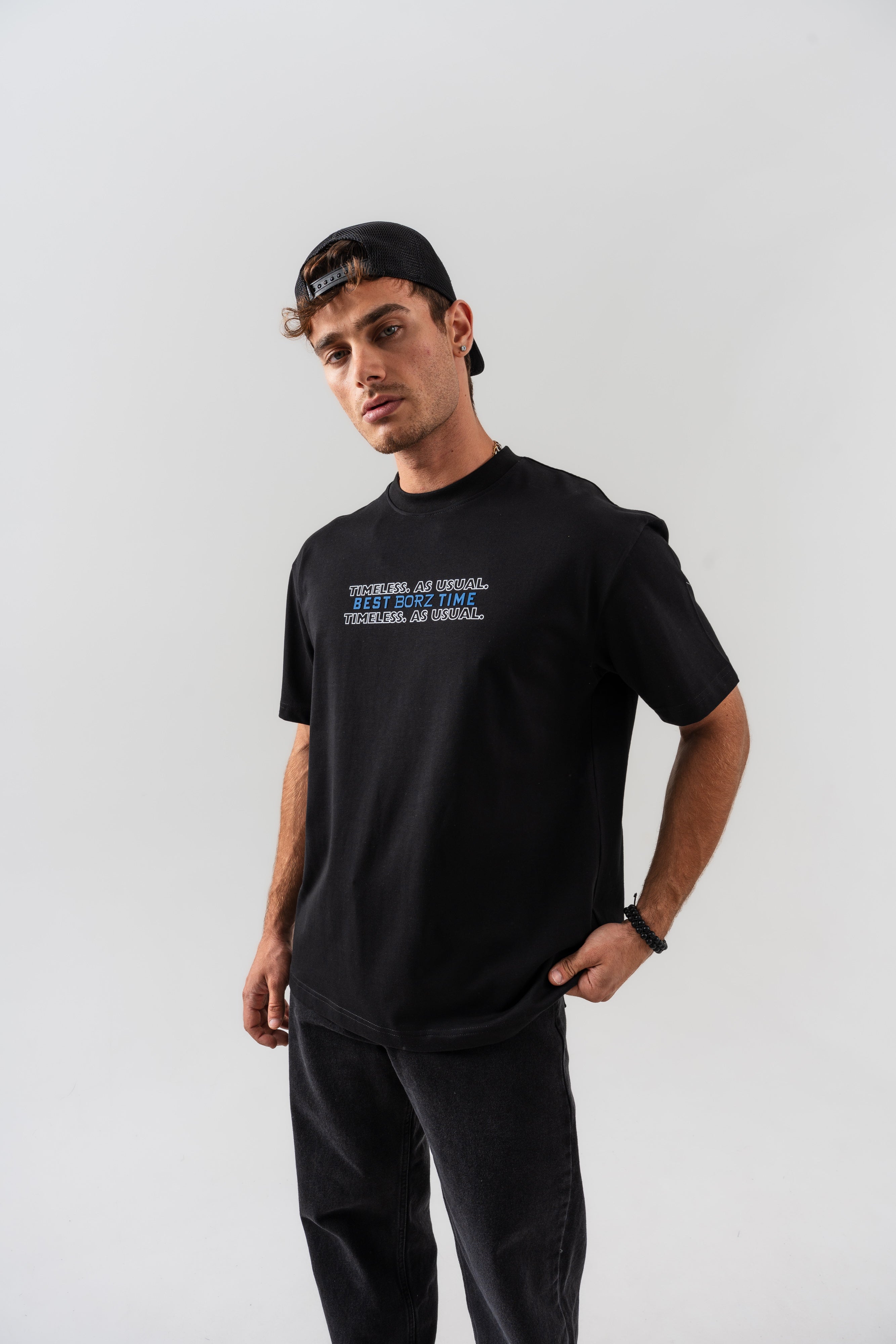 "Best Borz Time" Yazı Detaylı Oversize Kalıp T-shirt - Siyah-4