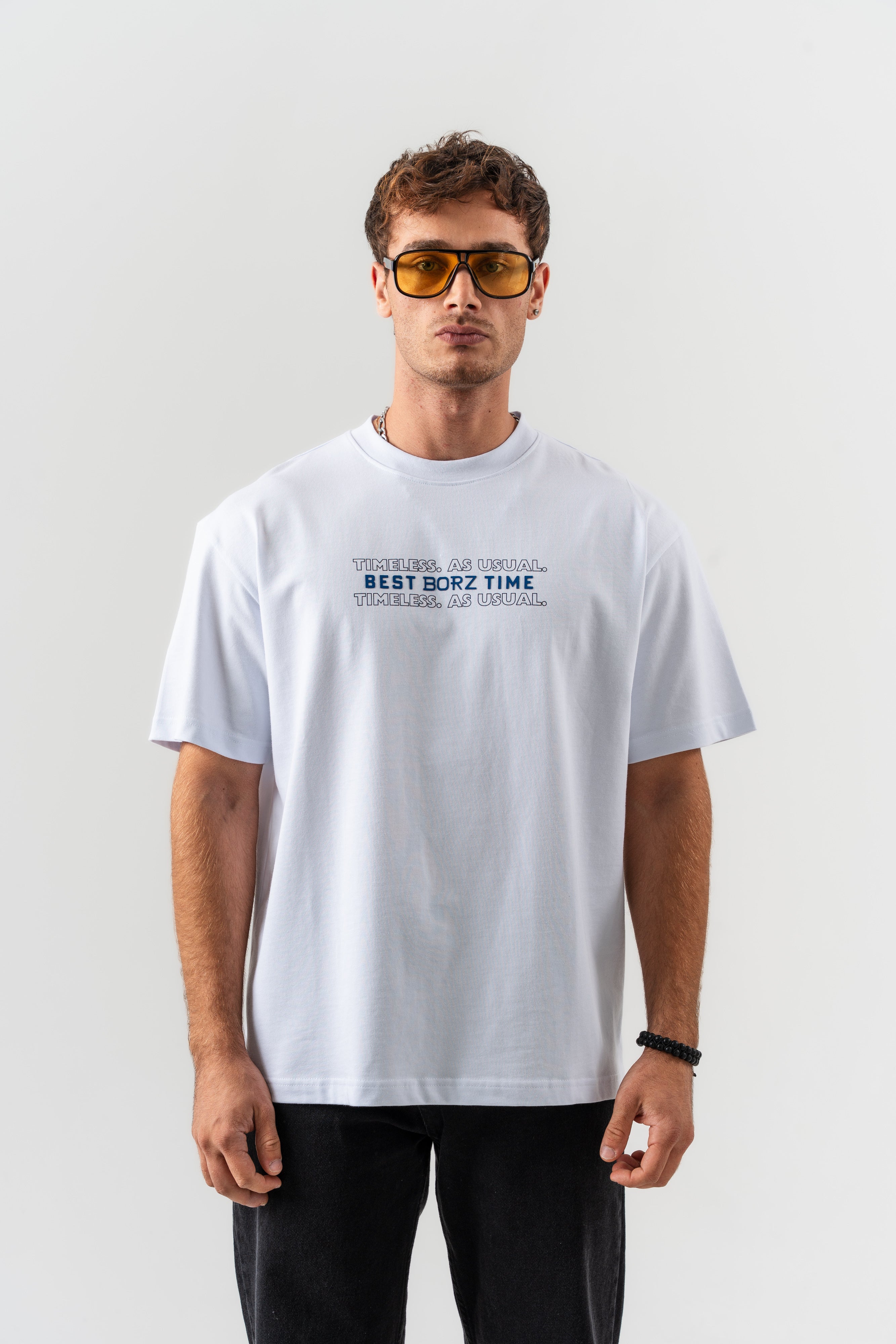 "Best Borz Time" Yazı Detaylı Oversize Kalıp T-shirt - Beyaz
