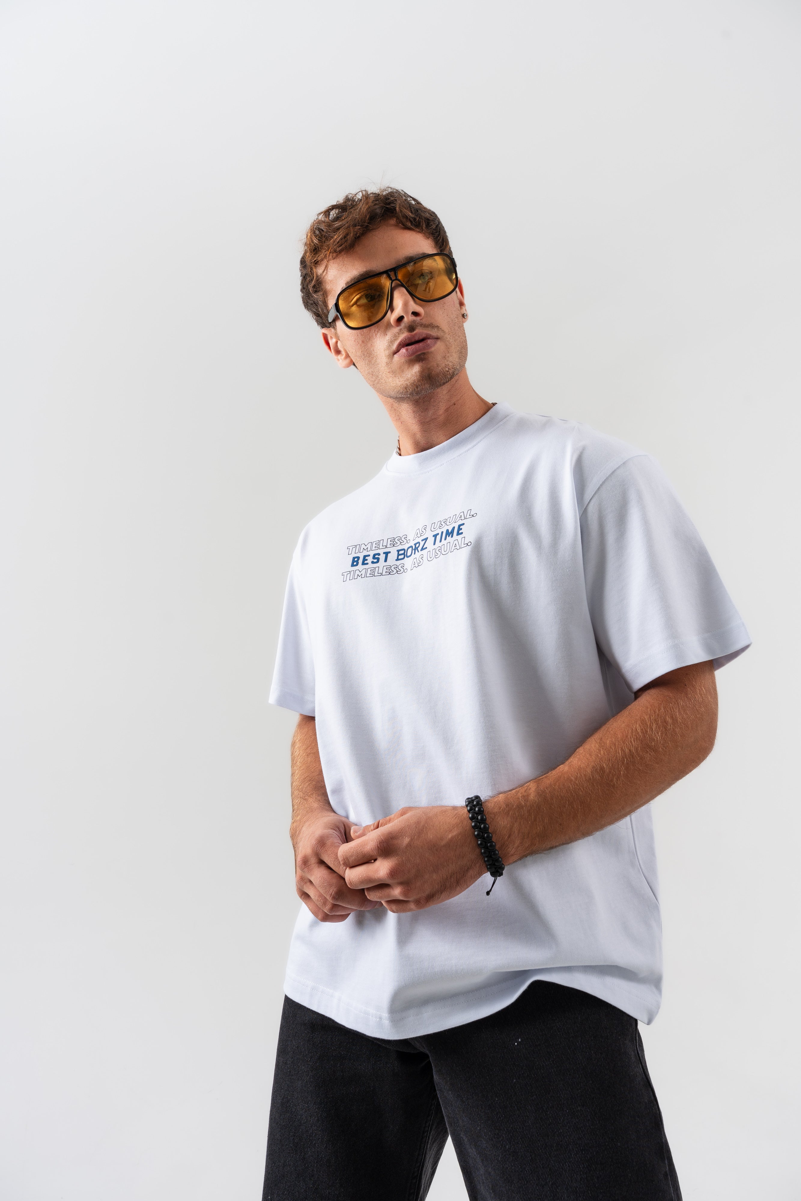 "Best Borz Time" Yazı Detaylı Oversize Kalıp T-shirt - Beyaz-4