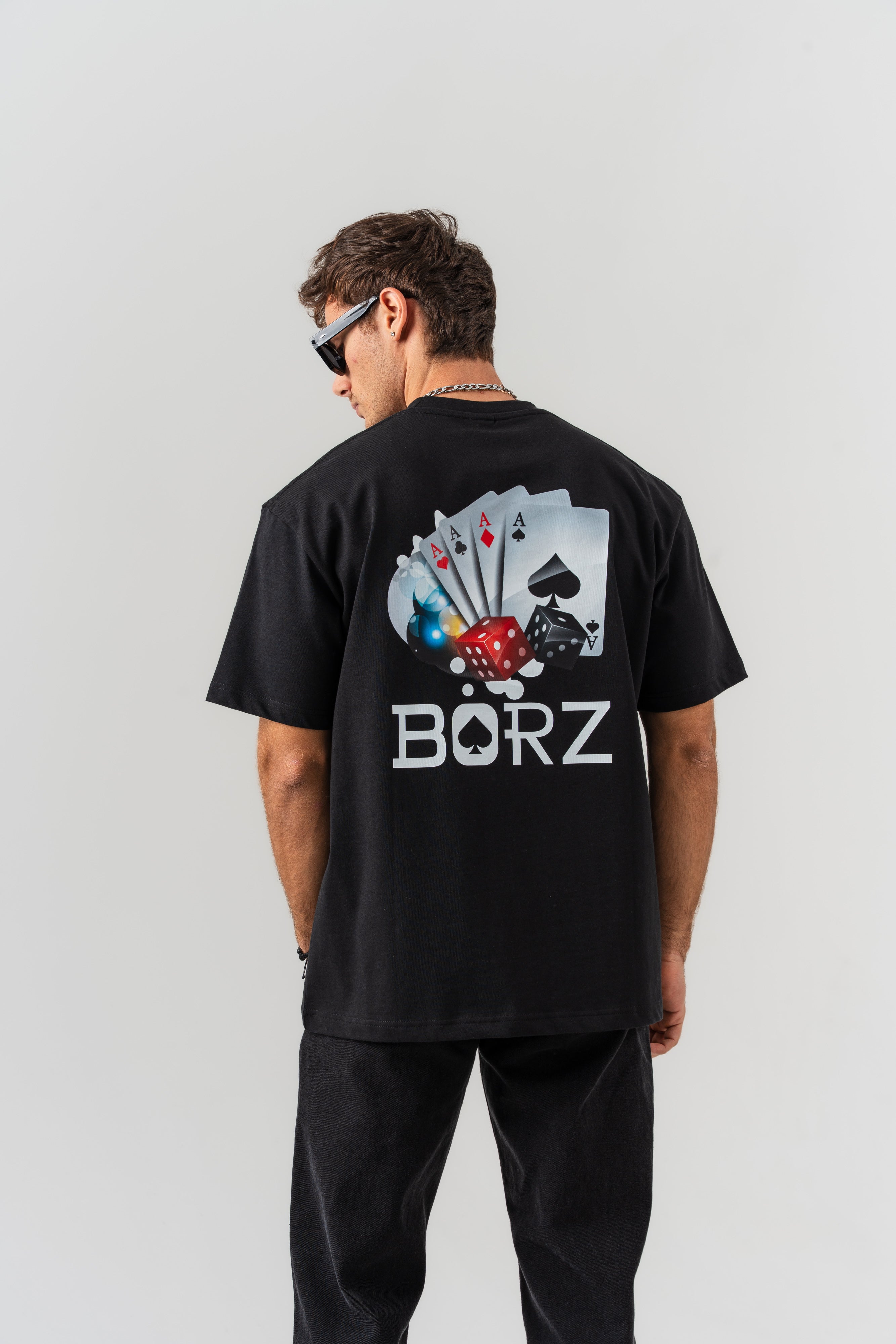 BORZ İskambil Kağıdı Sırt Baskılı Oversize Kalıp T-shirt - Siyah
