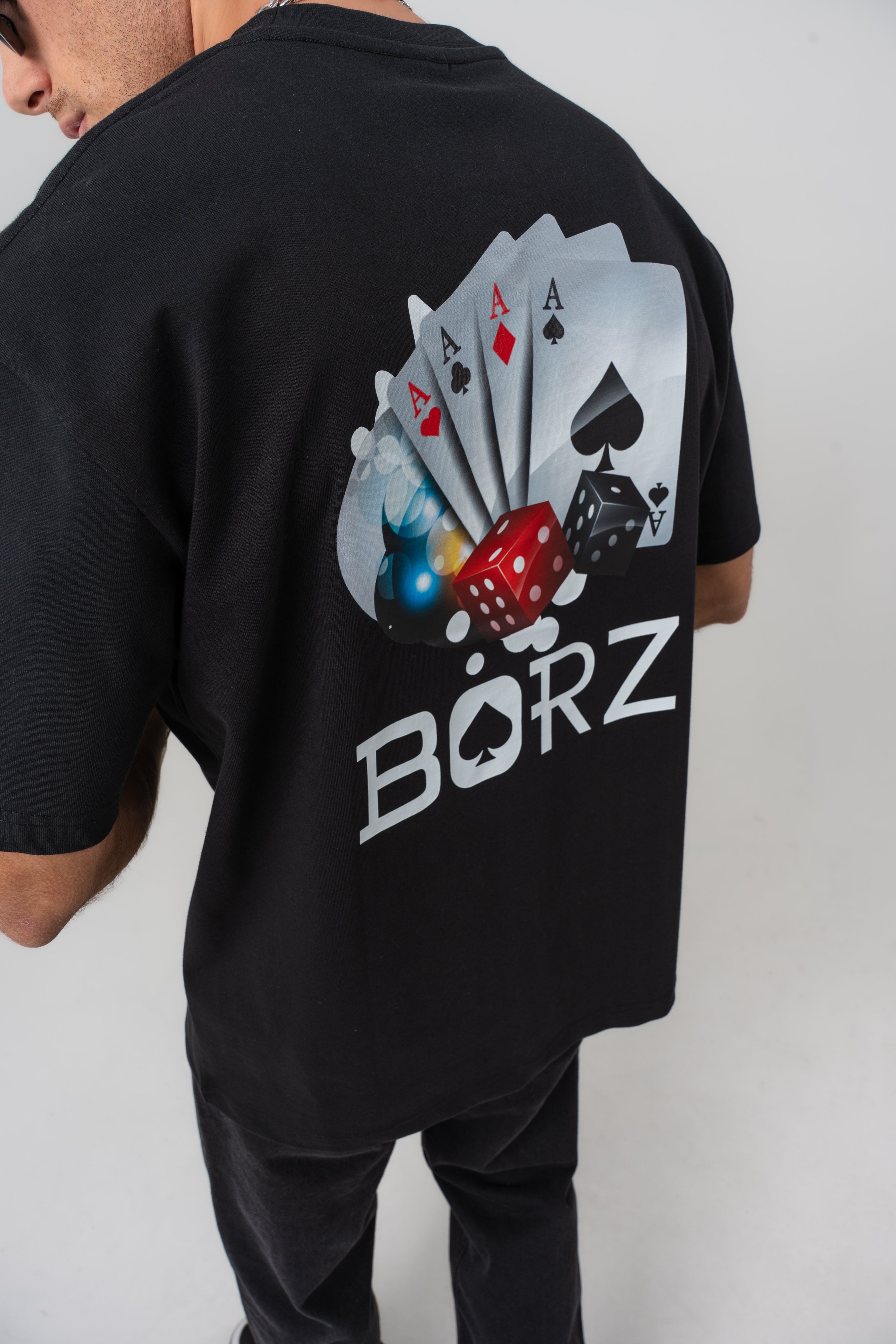 BORZ İskambil Kağıdı Sırt Baskılı Oversize Kalıp T-shirt - Siyah-4