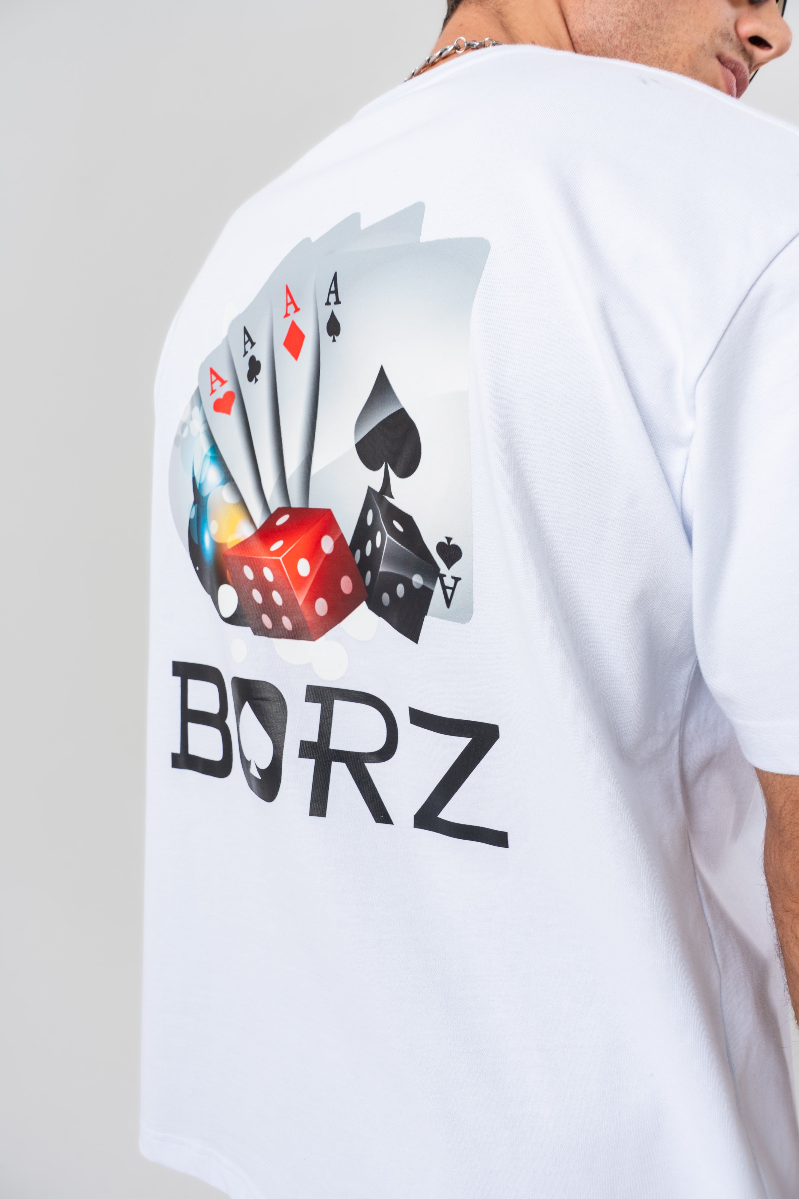 BORZ İskambil Kağıdı Sırt Baskılı Oversize Kalıp T-shirt - Beyaz-4