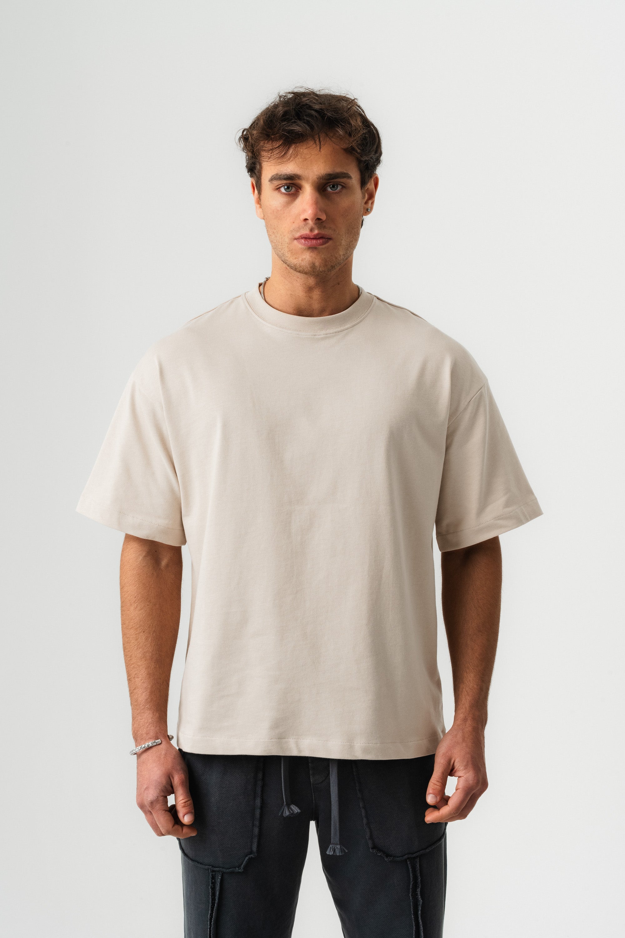 BORZ Oversize Kalıp Basic T-shirt - Bej