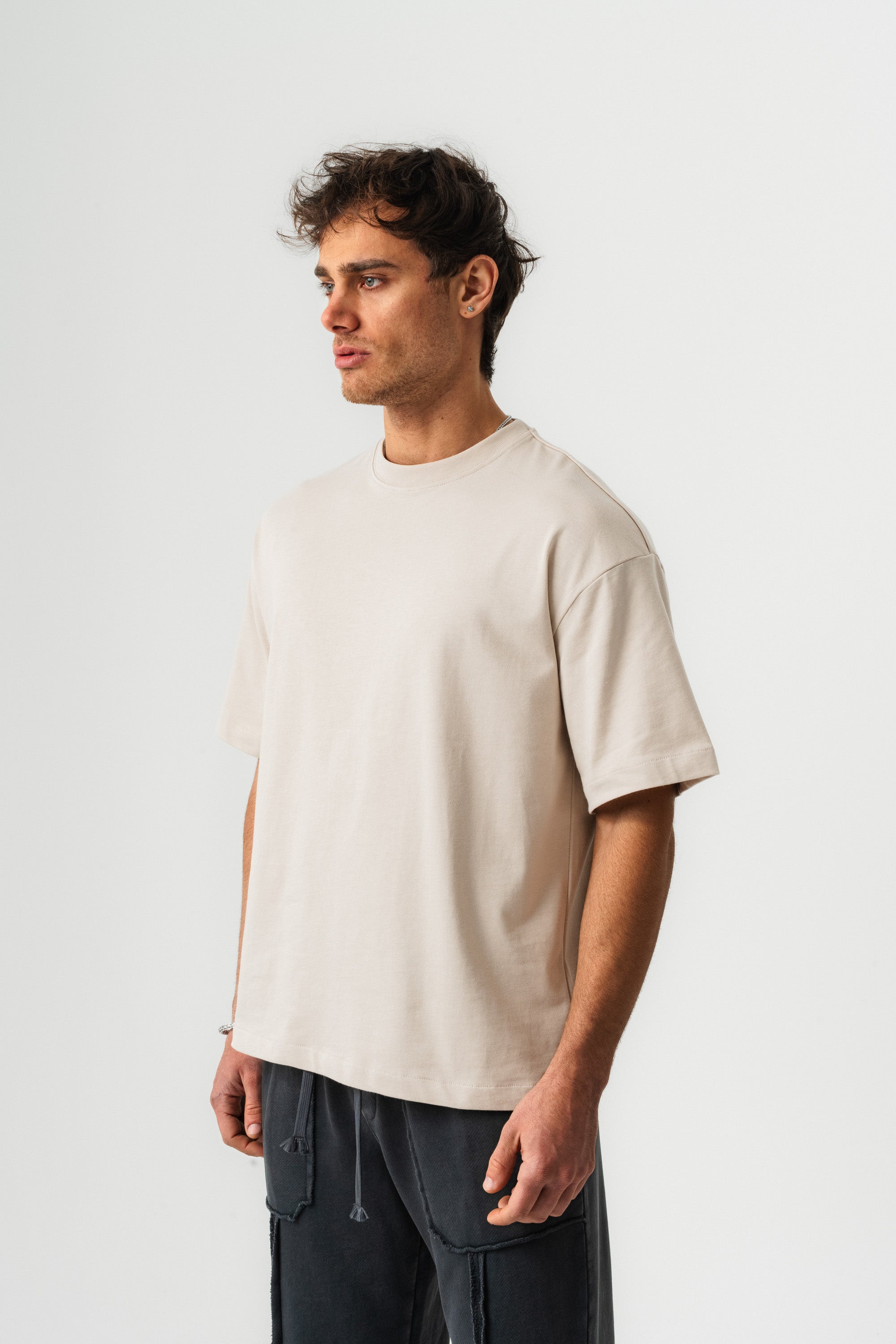 BORZ Oversize Kalıp Basic T-shirt - Bej-2