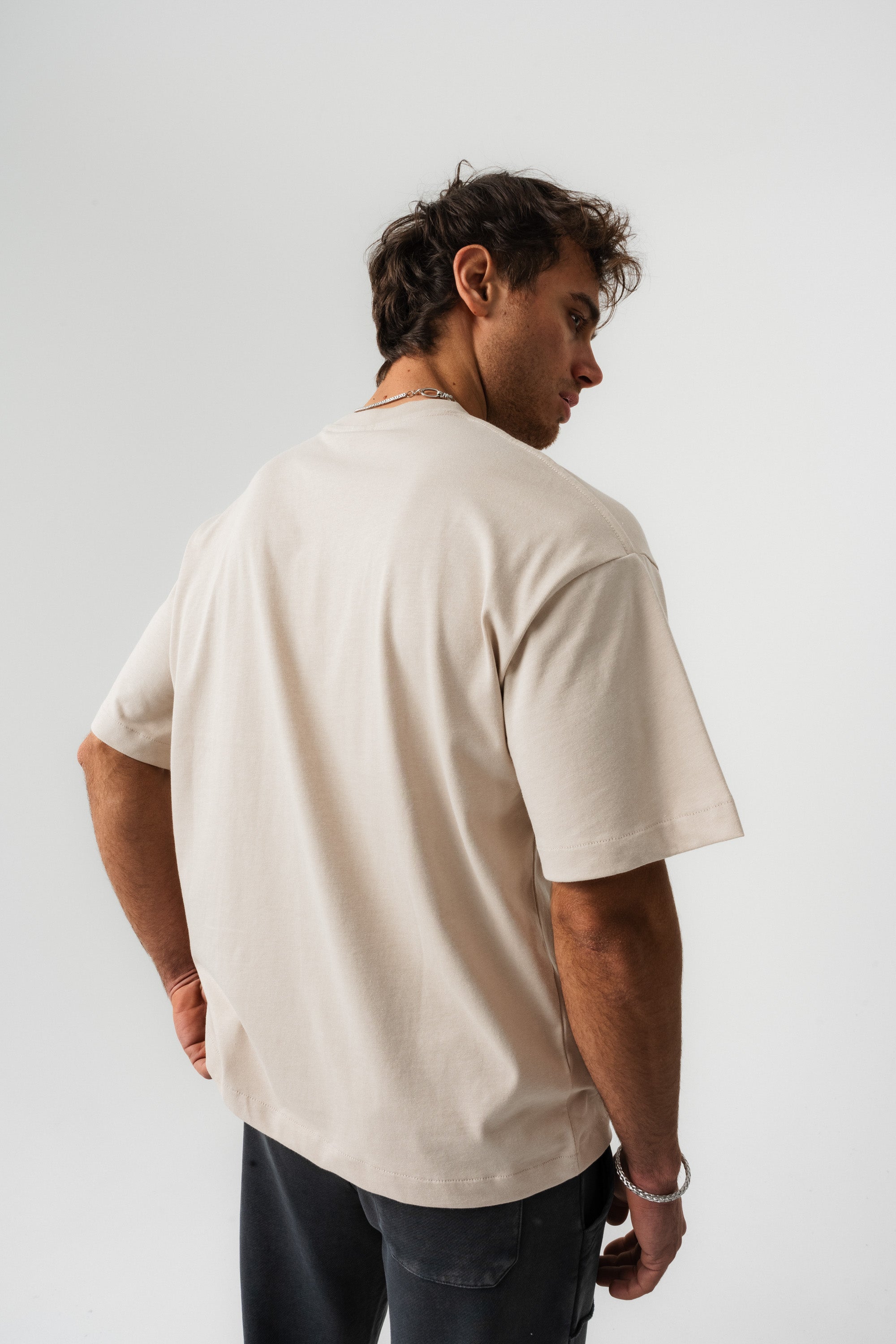 BORZ Oversize Kalıp Basic T-shirt - Bej-3