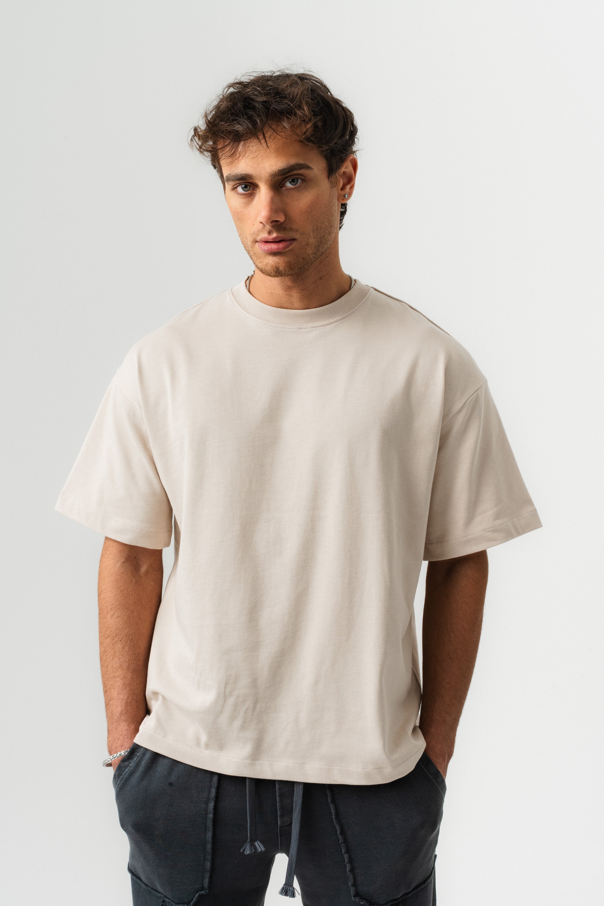 BORZ Oversize Kalıp Basic T-shirt - Bej-4