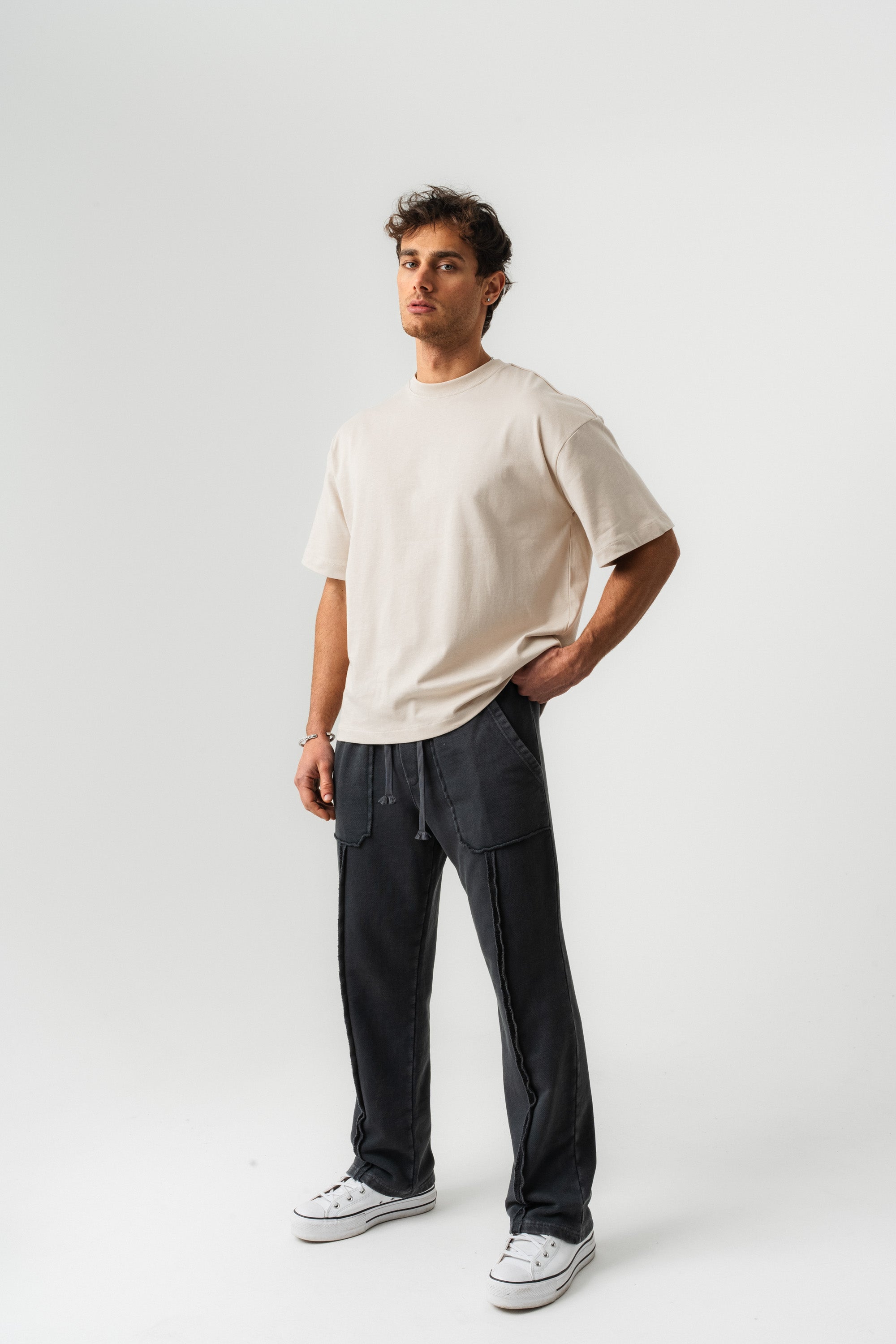 BORZ Oversize Kalıp Basic T-shirt - Bej-6