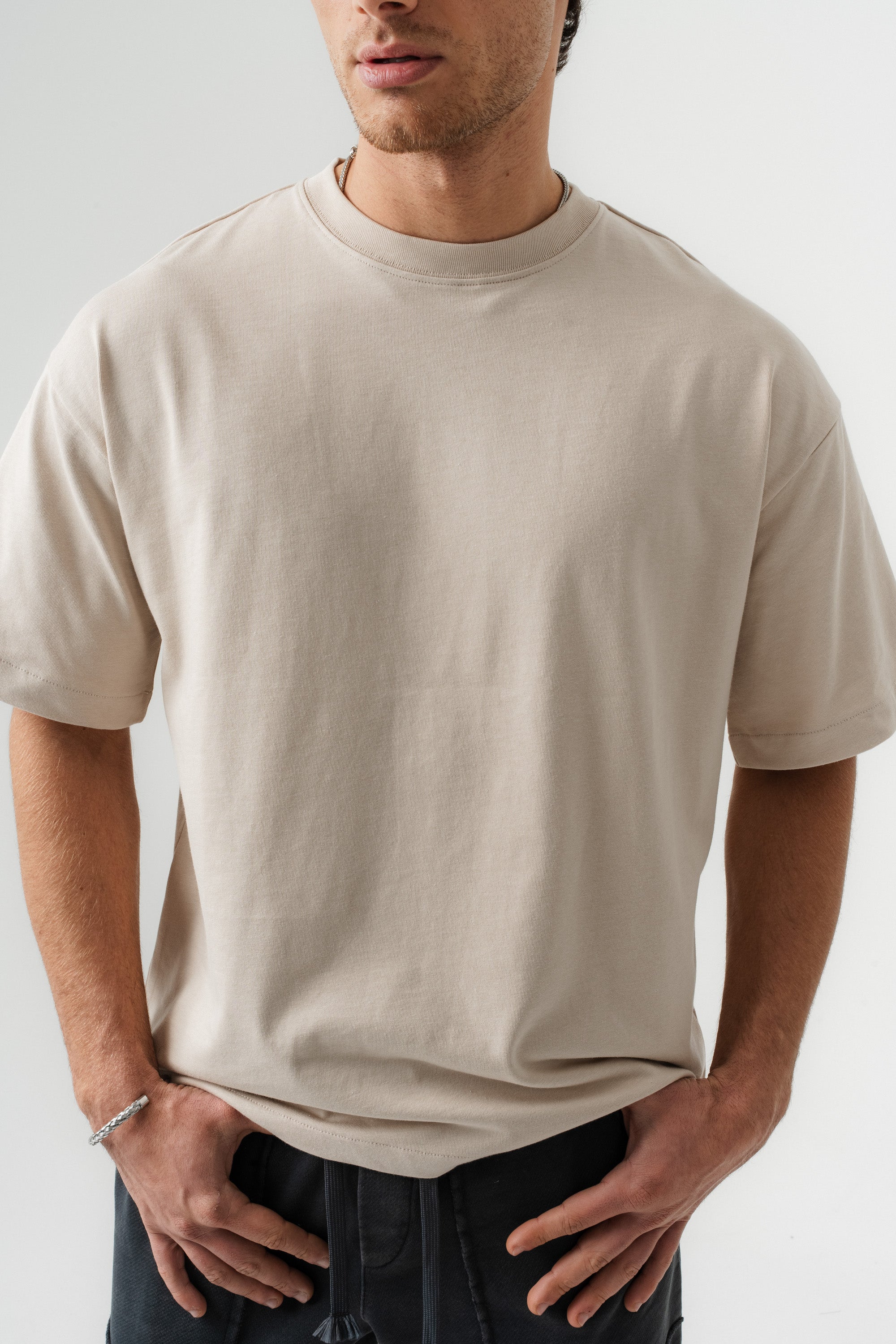 BORZ Oversize Kalıp Basic T-shirt - Bej-5