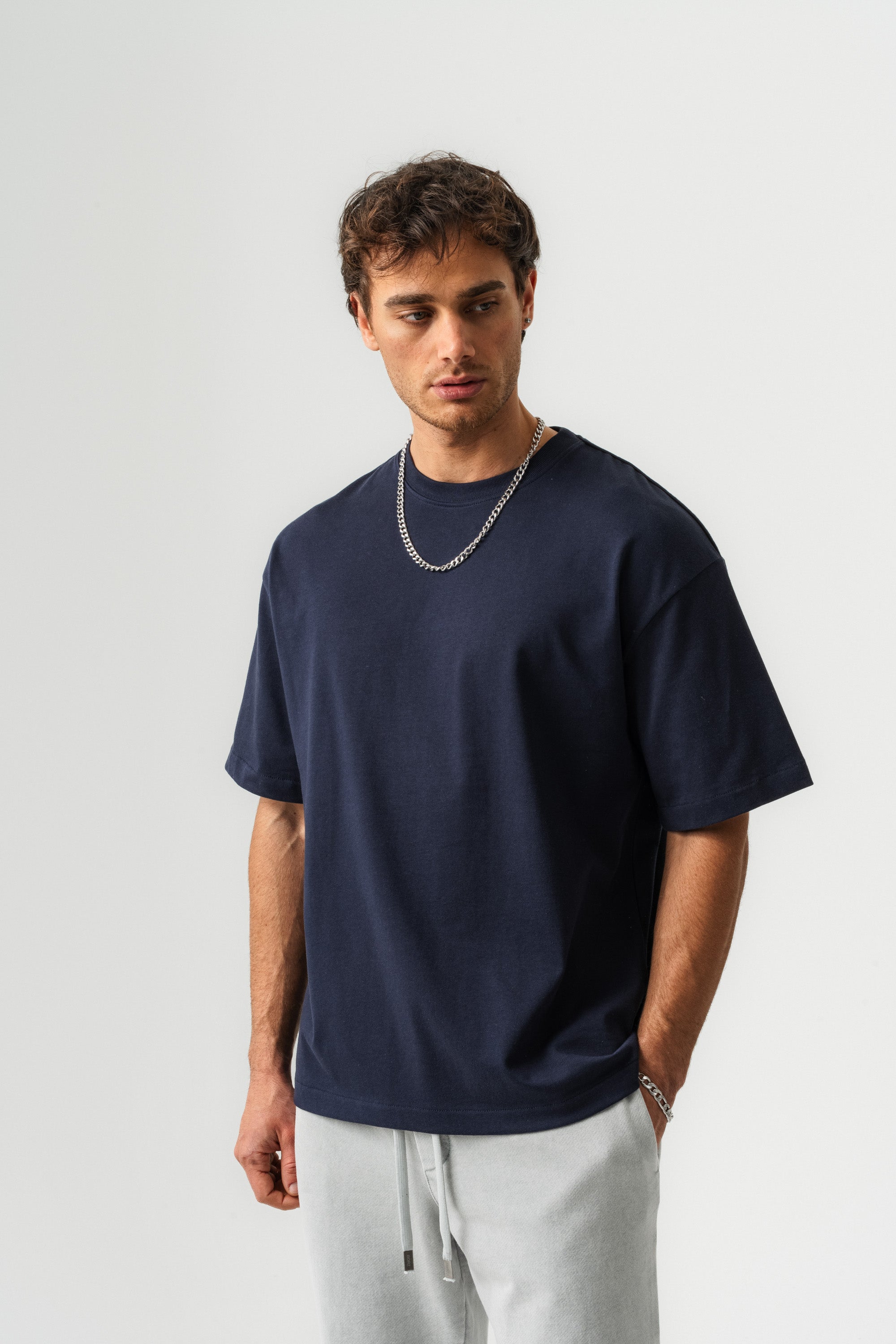 BORZ Oversize Kalıp Basic T-shirt - Lacivert-4