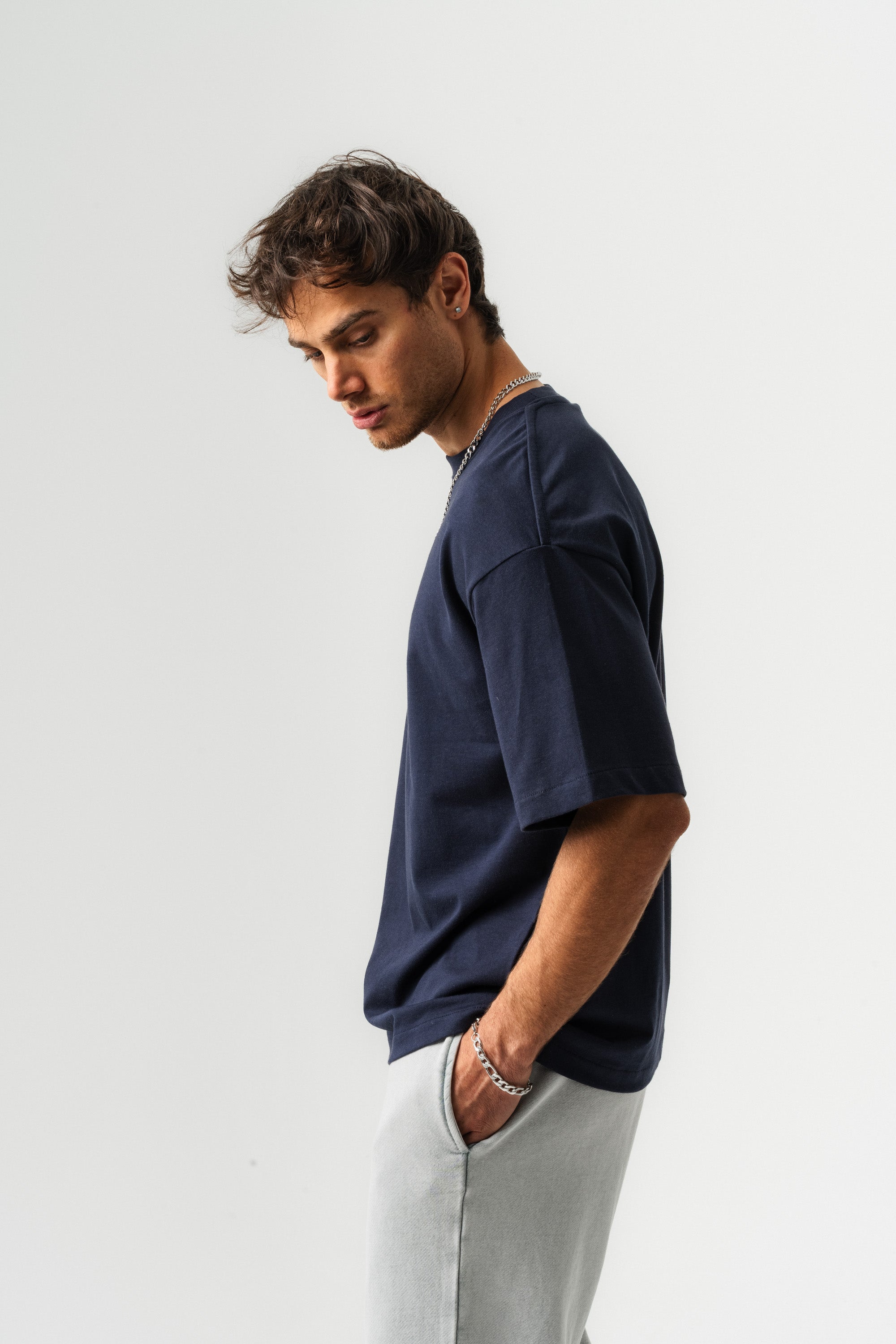 BORZ Oversize Kalıp Basic T-shirt - Lacivert-5